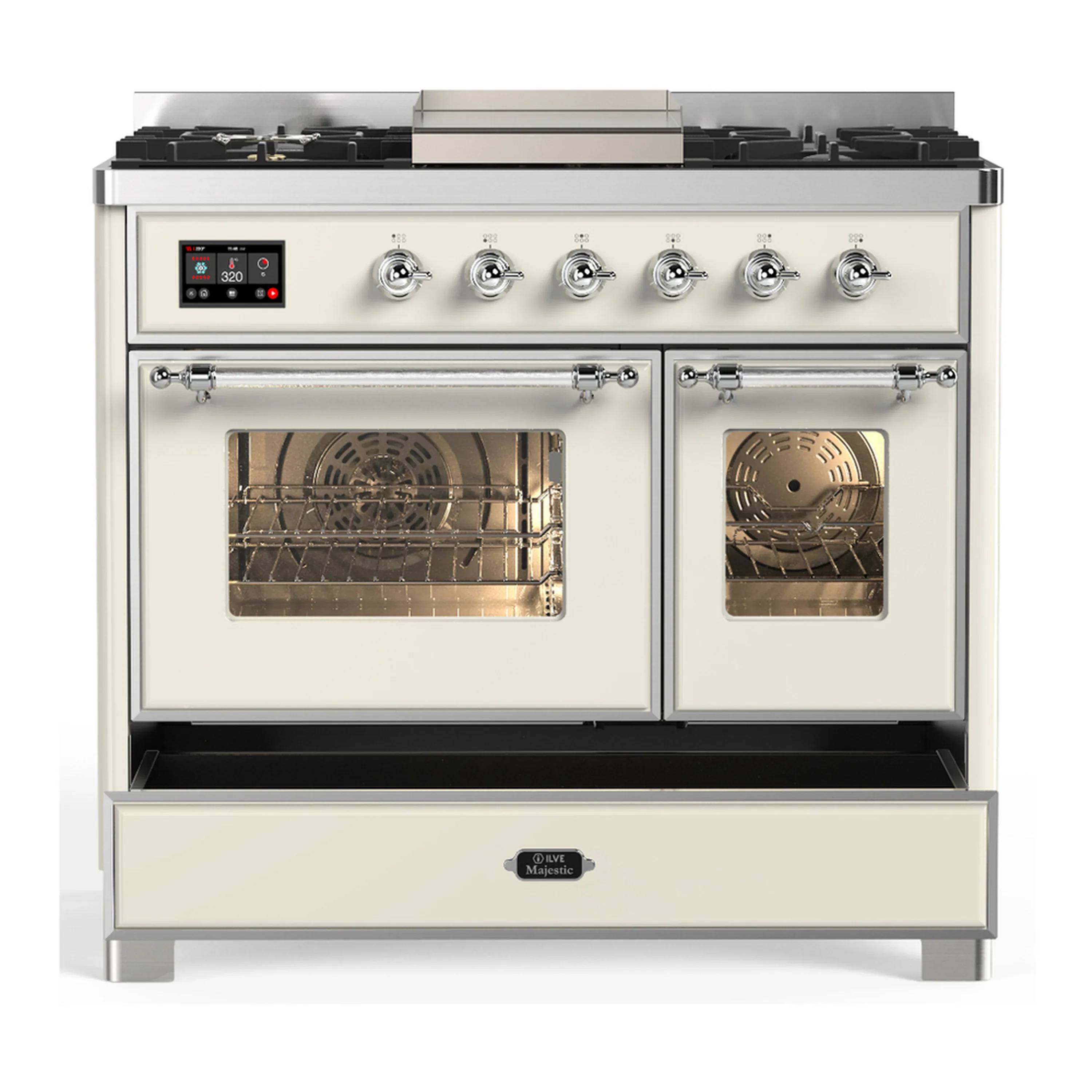 ILVE Majestic III 40-inch Dual Fuel Range with 6 Natural Gas Burner, Griddle and Triple Glass Door Electric Oven in Antique White with Chrome Trim (UMD40FNR3AWC) - Image 3