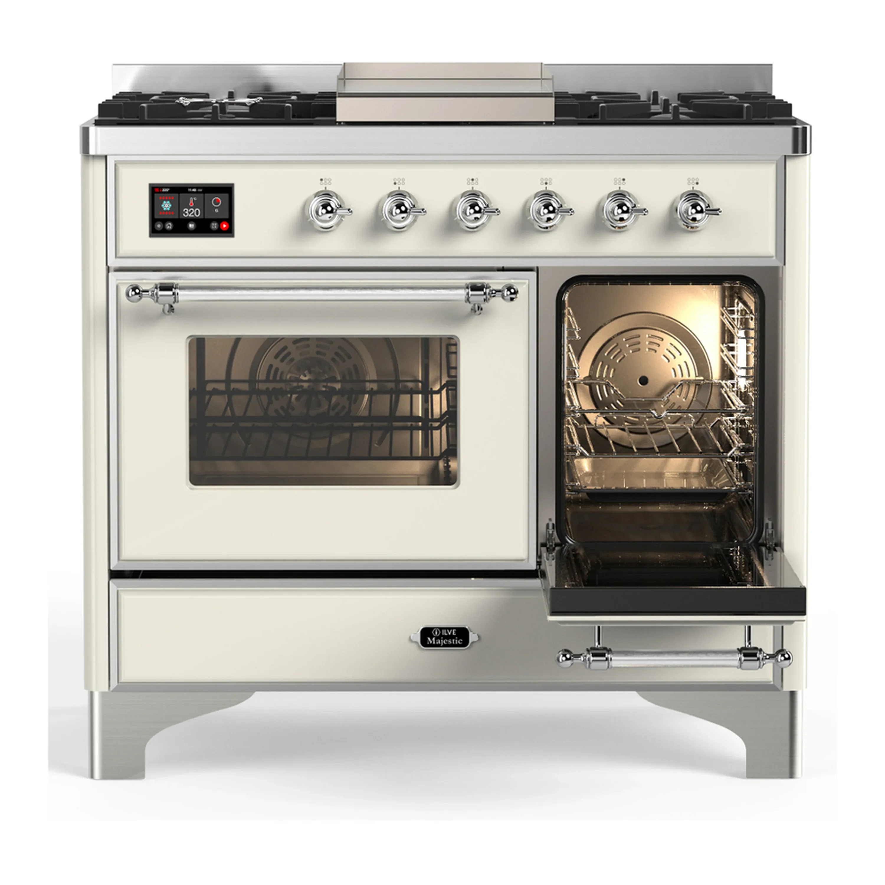 ILVE Majestic III 40-inch Dual Fuel Range with 6 Natural Gas Burner, Griddle and Triple Glass Door Electric Oven in Antique White with Chrome Trim (UMD40FNR3AWC) - Image 4