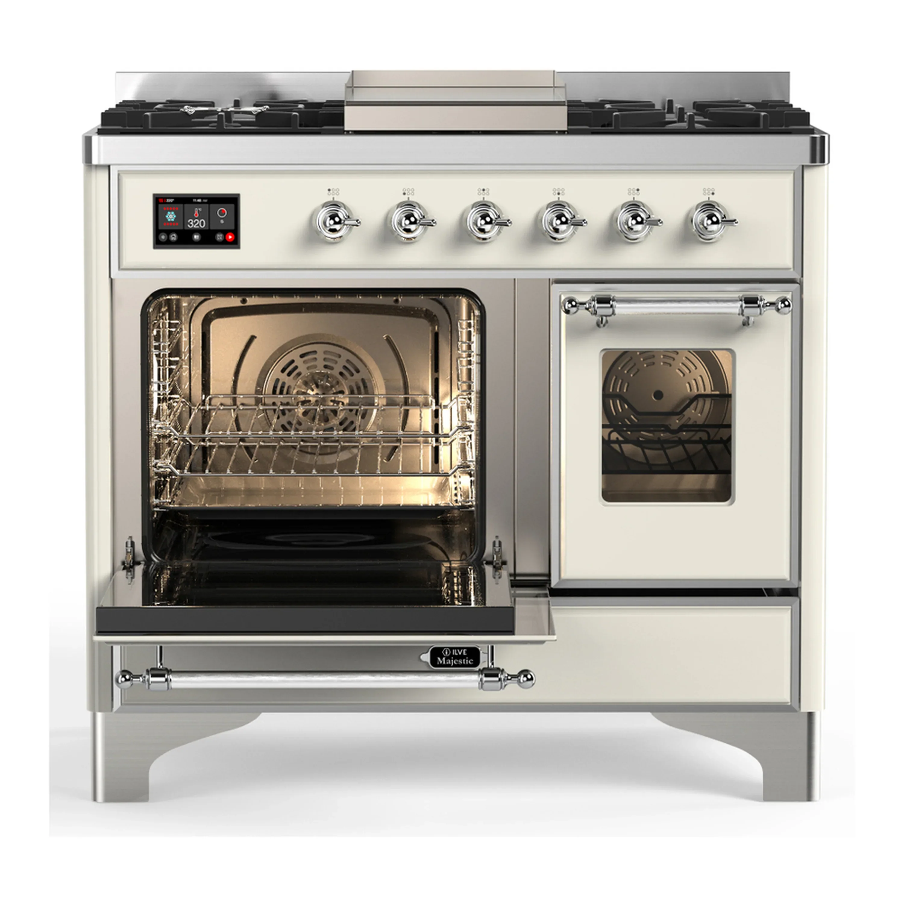 ILVE Majestic III 40-inch Dual Fuel Range with 6 Natural Gas Burner, Griddle and Triple Glass Door Electric Oven in Antique White with Chrome Trim (UMD40FNR3AWC) - Image 5