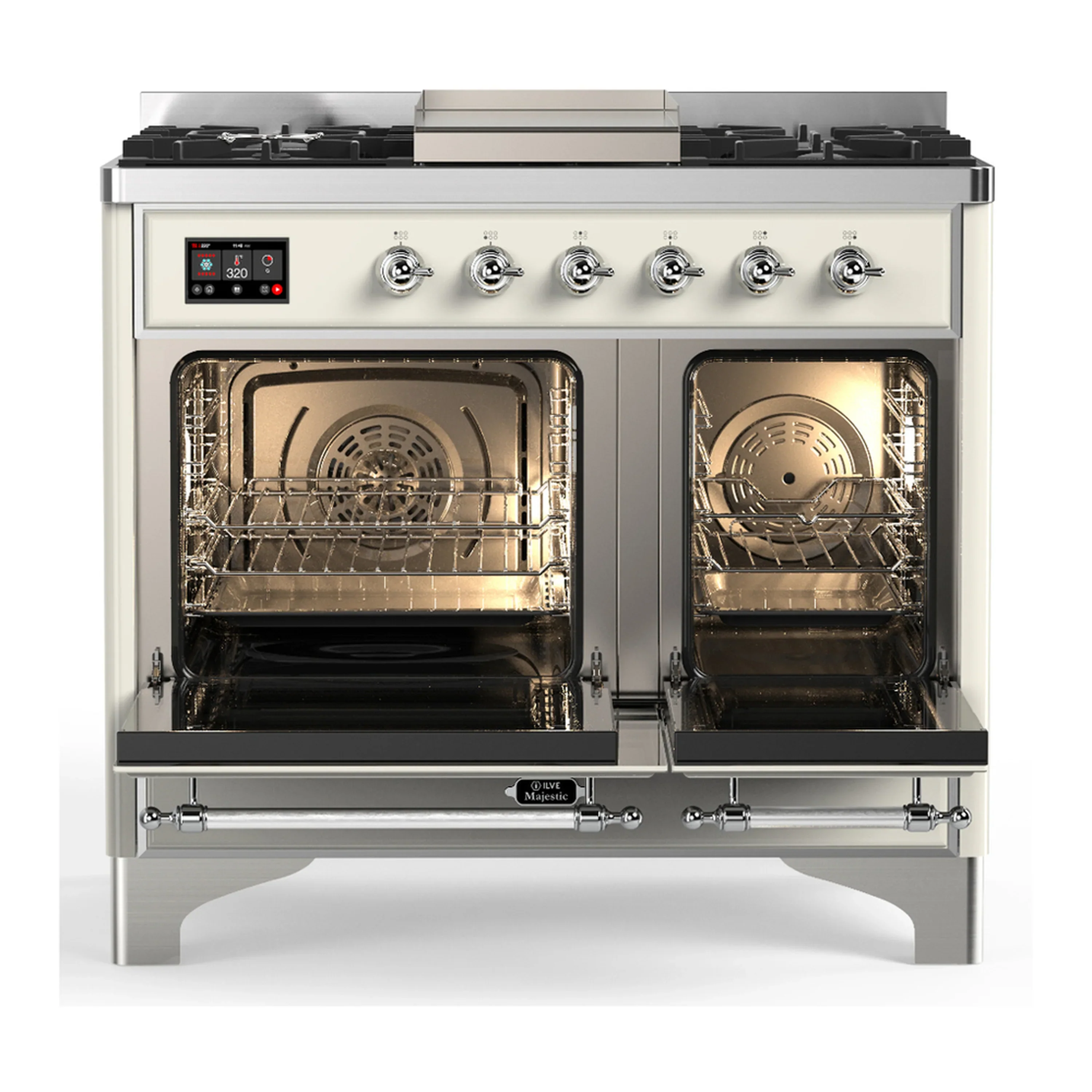 ILVE Majestic III 40-inch Dual Fuel Range with 6 Natural Gas Burner, Griddle and Triple Glass Door Electric Oven in Antique White with Chrome Trim (UMD40FNR3AWC) - Image 6