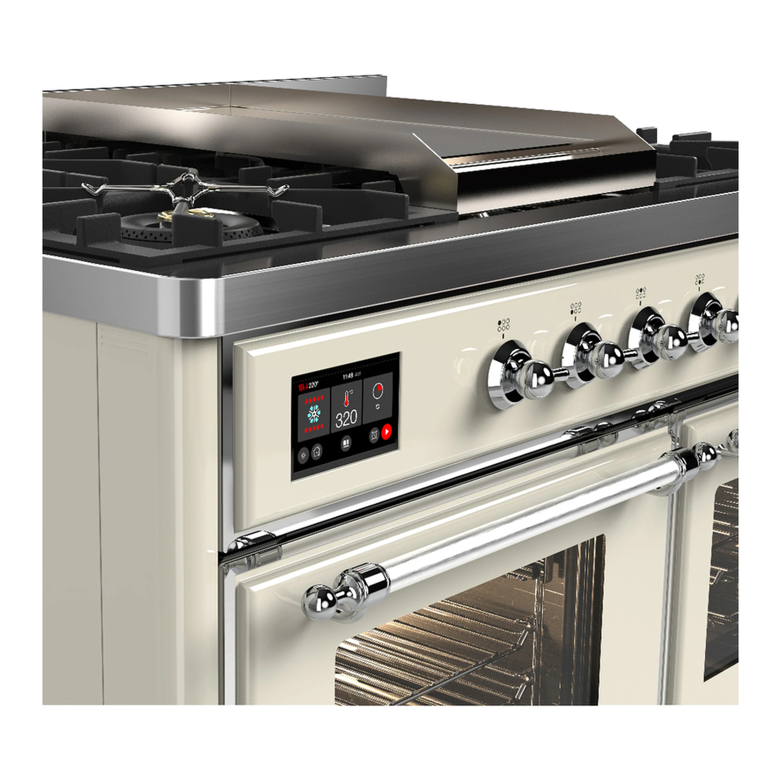 ILVE Majestic III 40-inch Dual Fuel Range with 6 Natural Gas Burner, Griddle and Triple Glass Door Electric Oven in Antique White with Chrome Trim (UMD40FNR3AWC) - Image 7