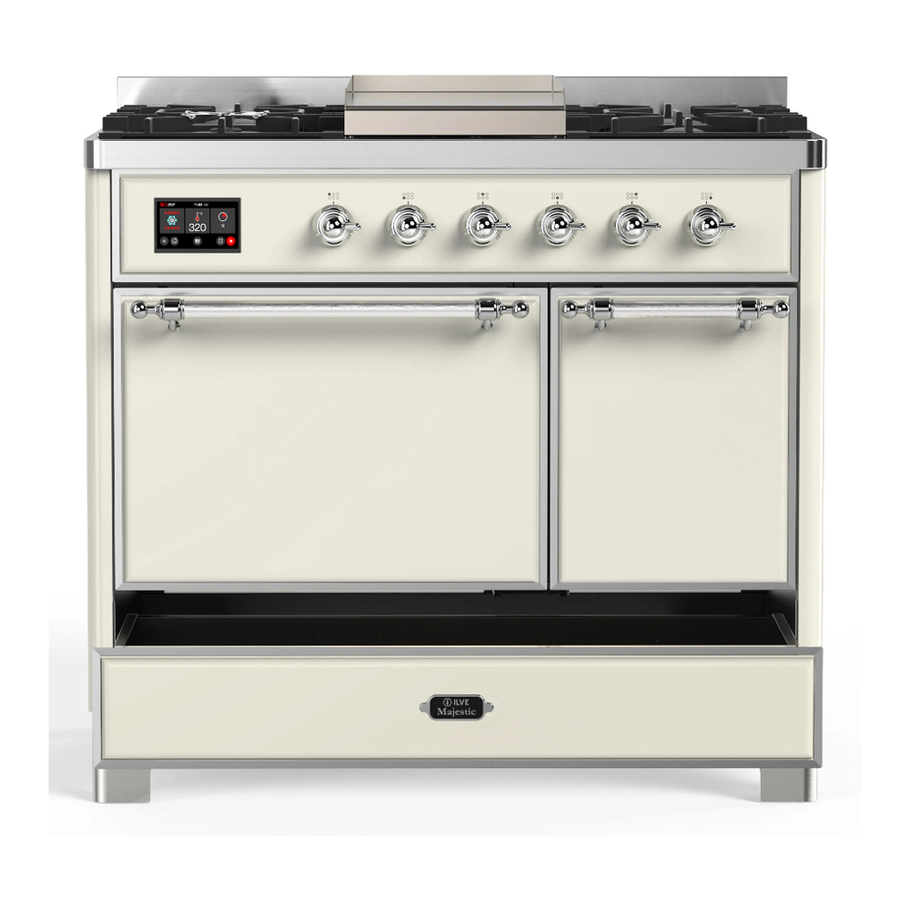 ILVE Majestic III 40-inch Dual Fuel Range with 5 Liquid Propane Burner, Griddle and Solid Door Electric Oven in Antique White with Chrome Trim (UMD40FQNR3AWCLP) - Image 3