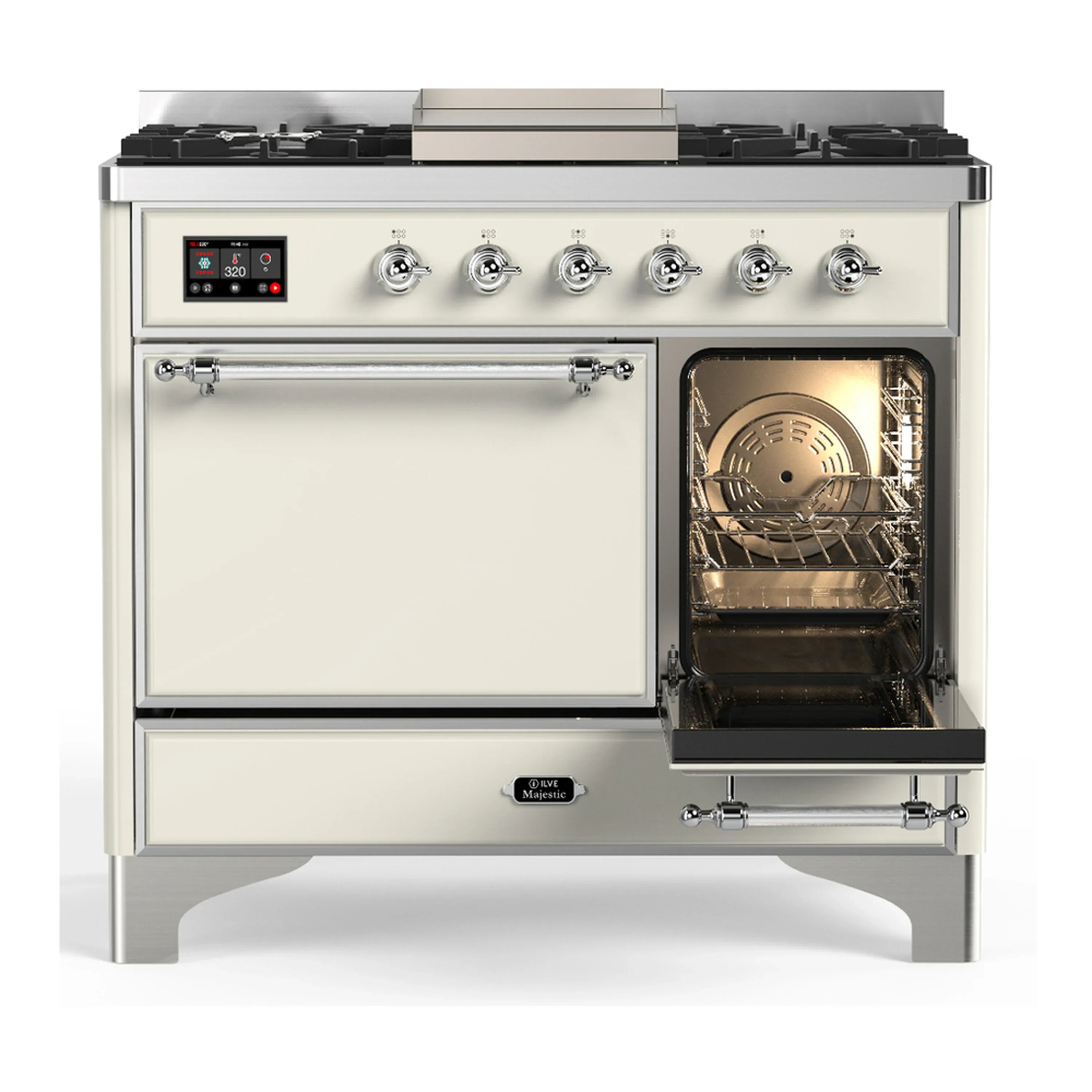 ILVE Majestic III 40-inch Dual Fuel Range with 5 Liquid Propane Burner, Griddle and Solid Door Electric Oven in Antique White with Chrome Trim (UMD40FQNR3AWCLP) - Image 4