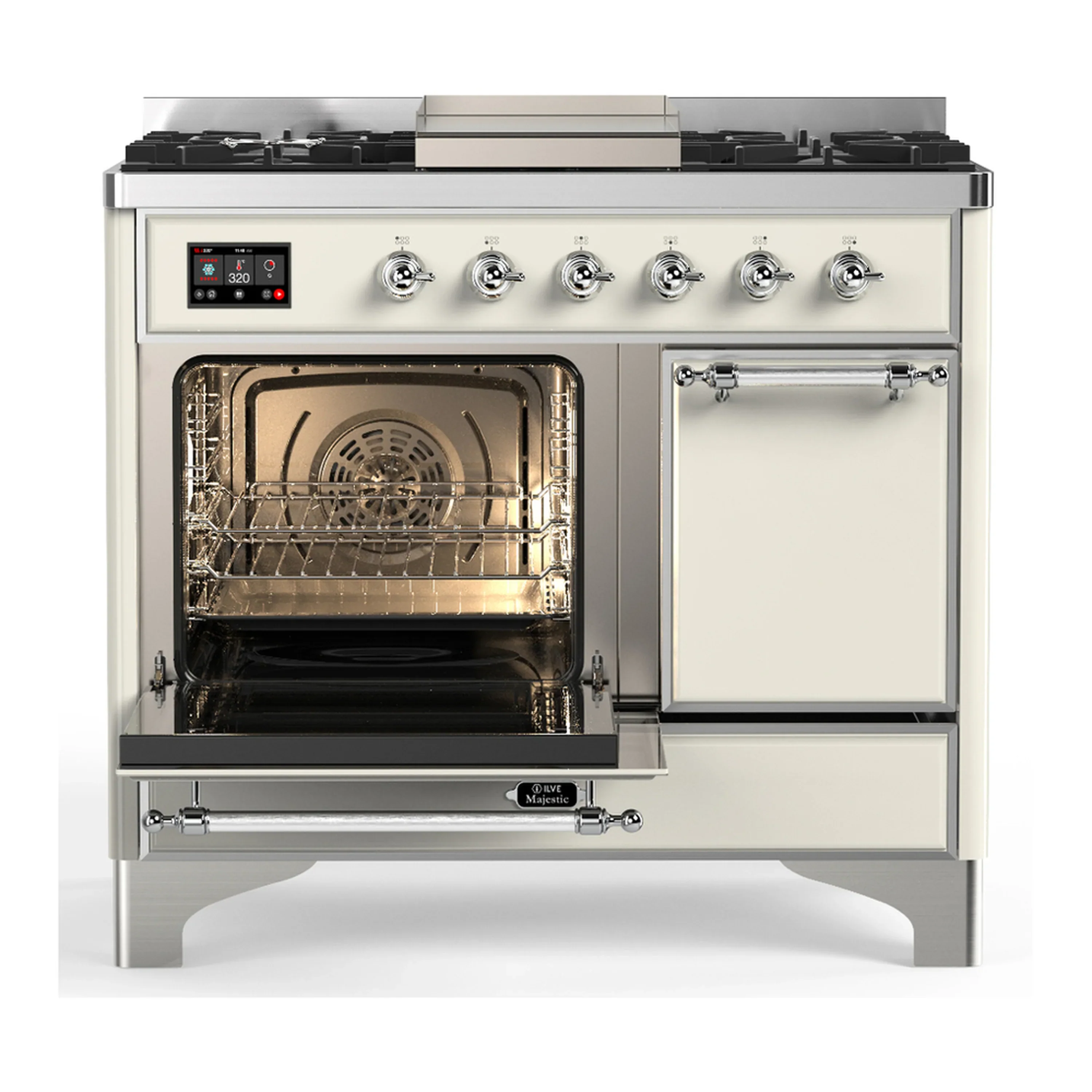 ILVE Majestic III 40-inch Dual Fuel Range with 5 Liquid Propane Burner, Griddle and Solid Door Electric Oven in Antique White with Chrome Trim (UMD40FQNR3AWCLP) - Image 5
