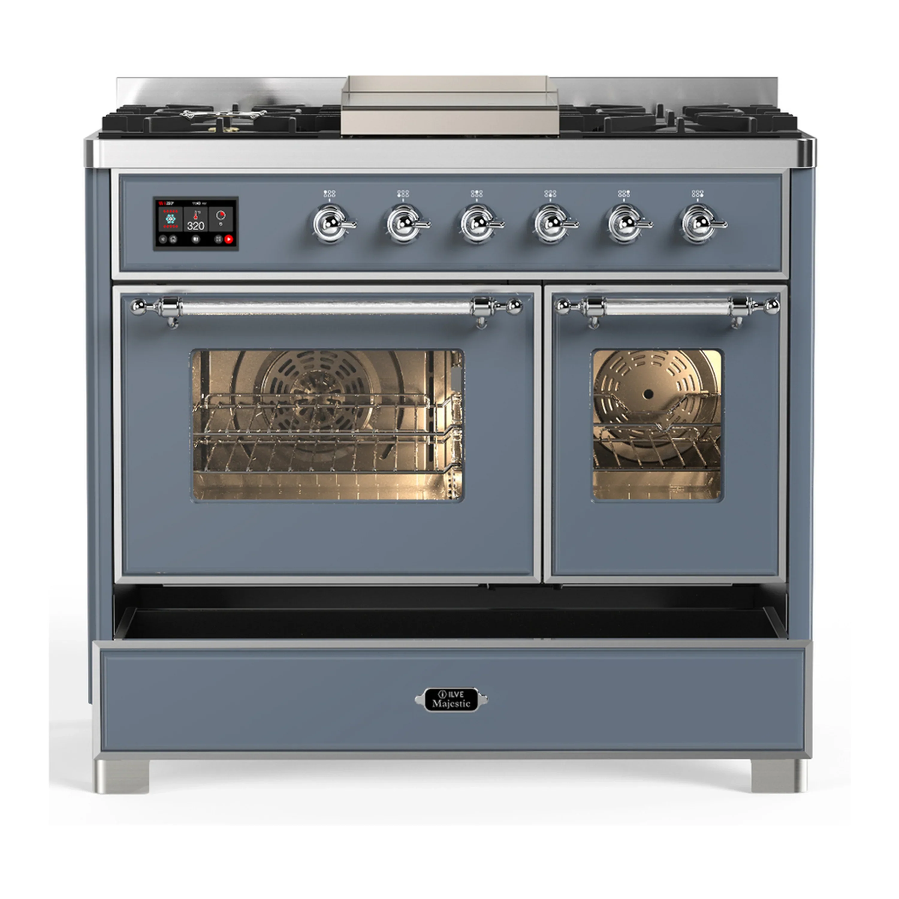 ILVE Majestic III 40-inch Dual Fuel Range with 5 Liquid Propane Burner, Griddle and Triple Glass Door Electric Oven in Blue Grey with Chrome Trim (UMD40FNR3BGCLP) - Image 3
