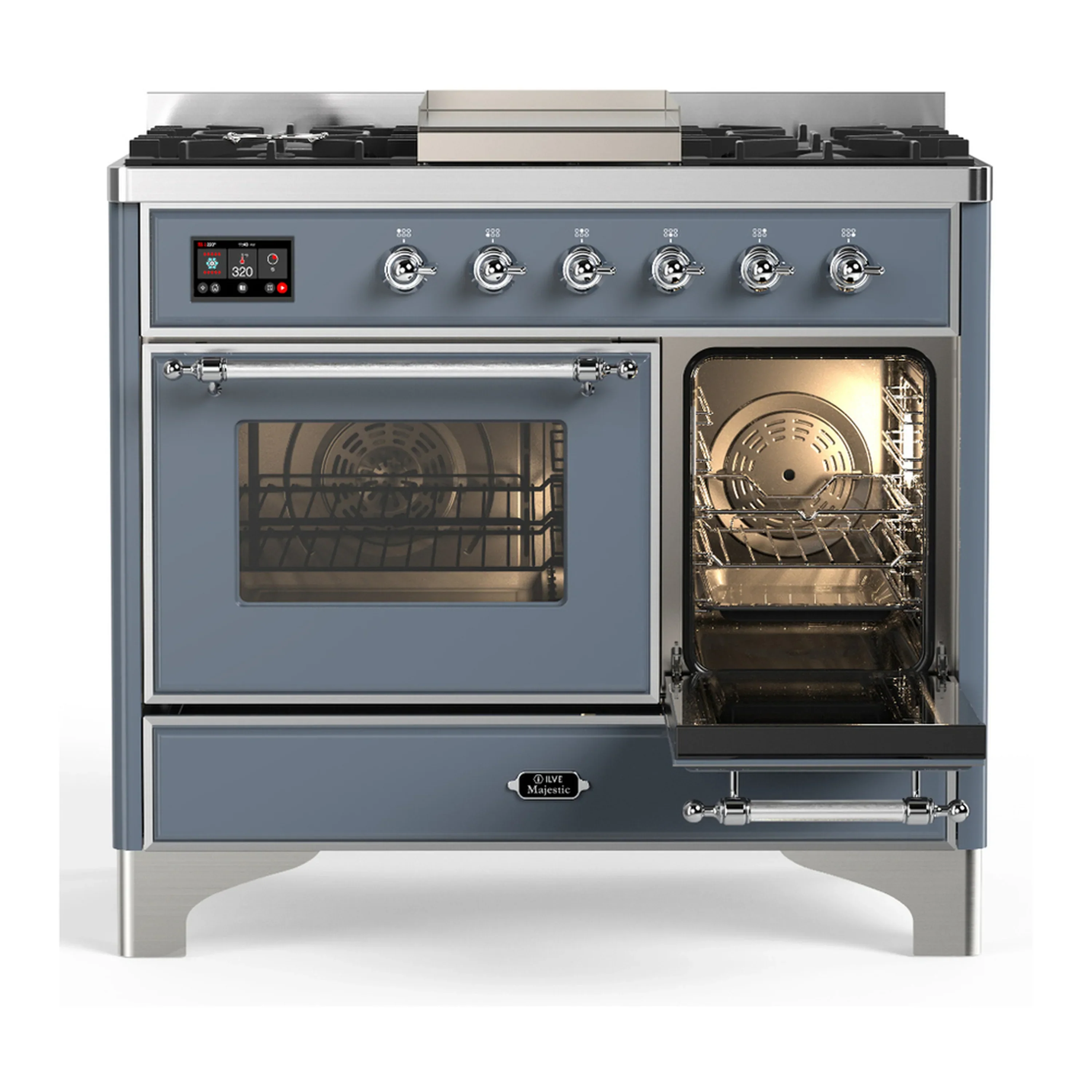 ILVE Majestic III 40-inch Dual Fuel Range with 5 Liquid Propane Burner, Griddle and Triple Glass Door Electric Oven in Blue Grey with Chrome Trim (UMD40FNR3BGCLP) - Image 4