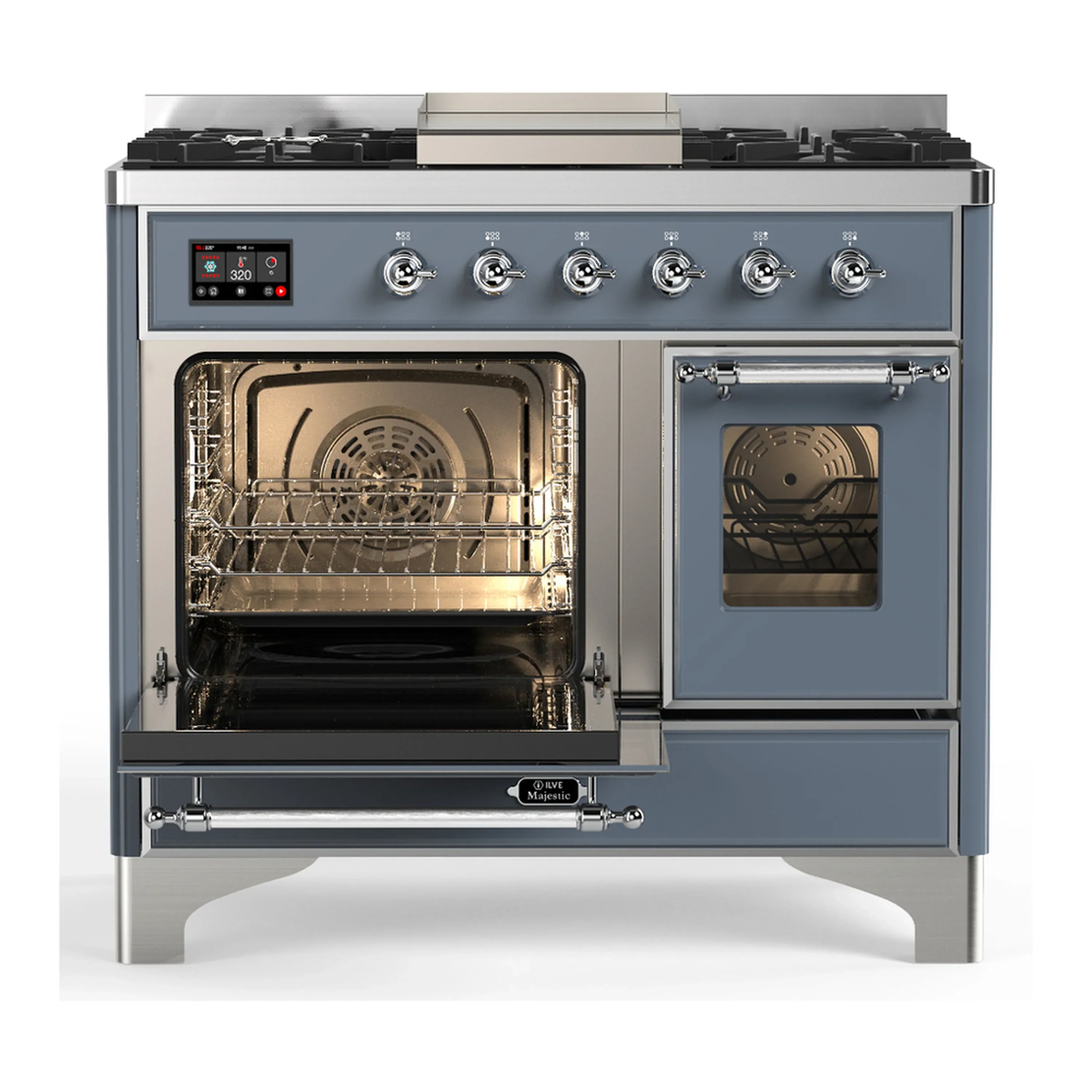 ILVE Majestic III 40-inch Dual Fuel Range with 5 Liquid Propane Burner, Griddle and Triple Glass Door Electric Oven in Blue Grey with Chrome Trim (UMD40FNR3BGCLP) - Image 5
