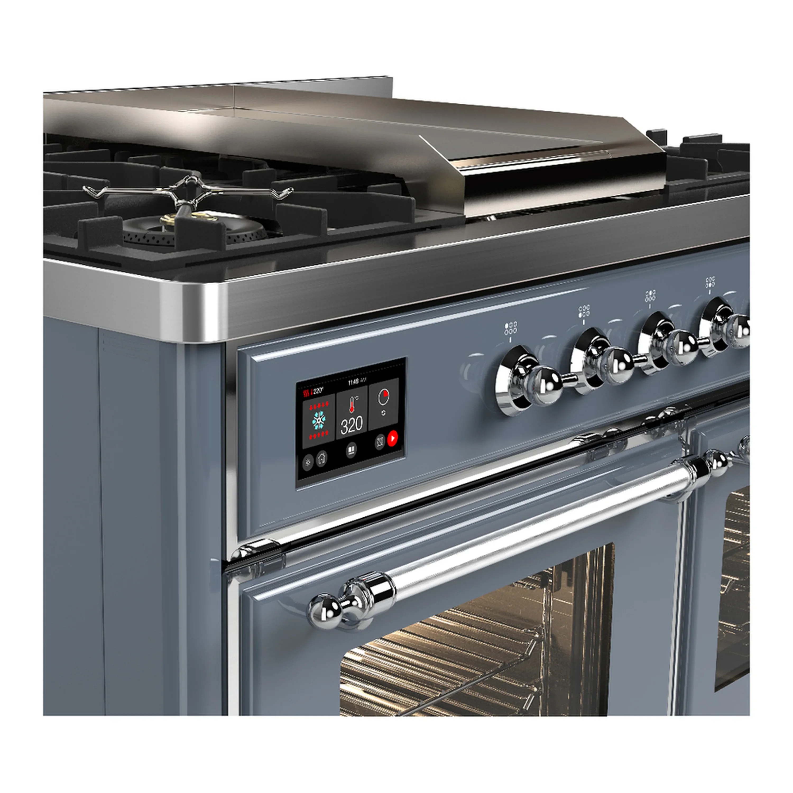 ILVE Majestic III 40-inch Dual Fuel Range with 5 Liquid Propane Burner, Griddle and Triple Glass Door Electric Oven in Blue Grey with Chrome Trim (UMD40FNR3BGCLP) - Image 7