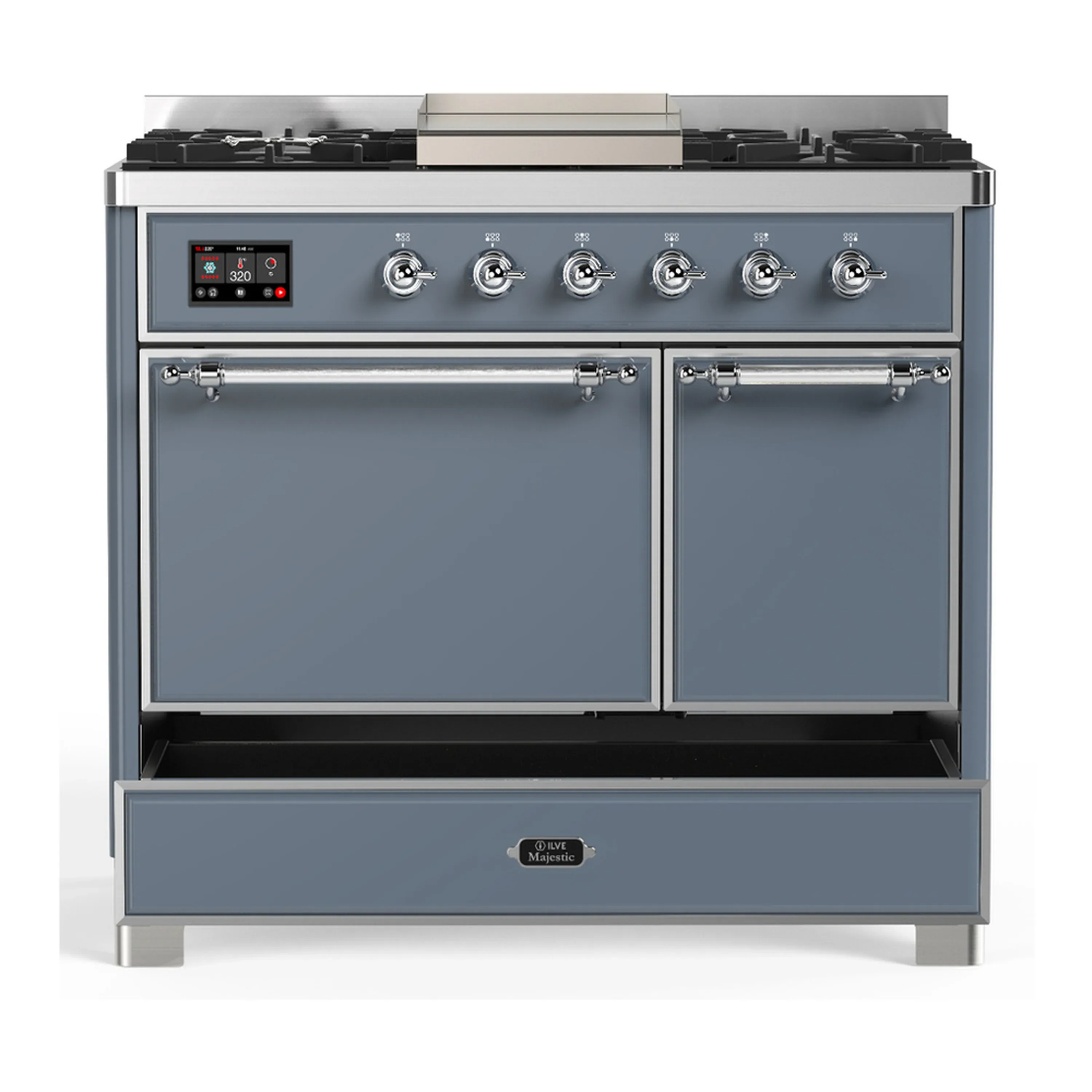 ILVE Majestic III 40-inch Dual Fuel Range with 6 Natural Gas Burner, Griddle and Solid Door Electric Oven in Blue Grey with Chrome Trim (UMD40FQNR3BGC) - Image 3