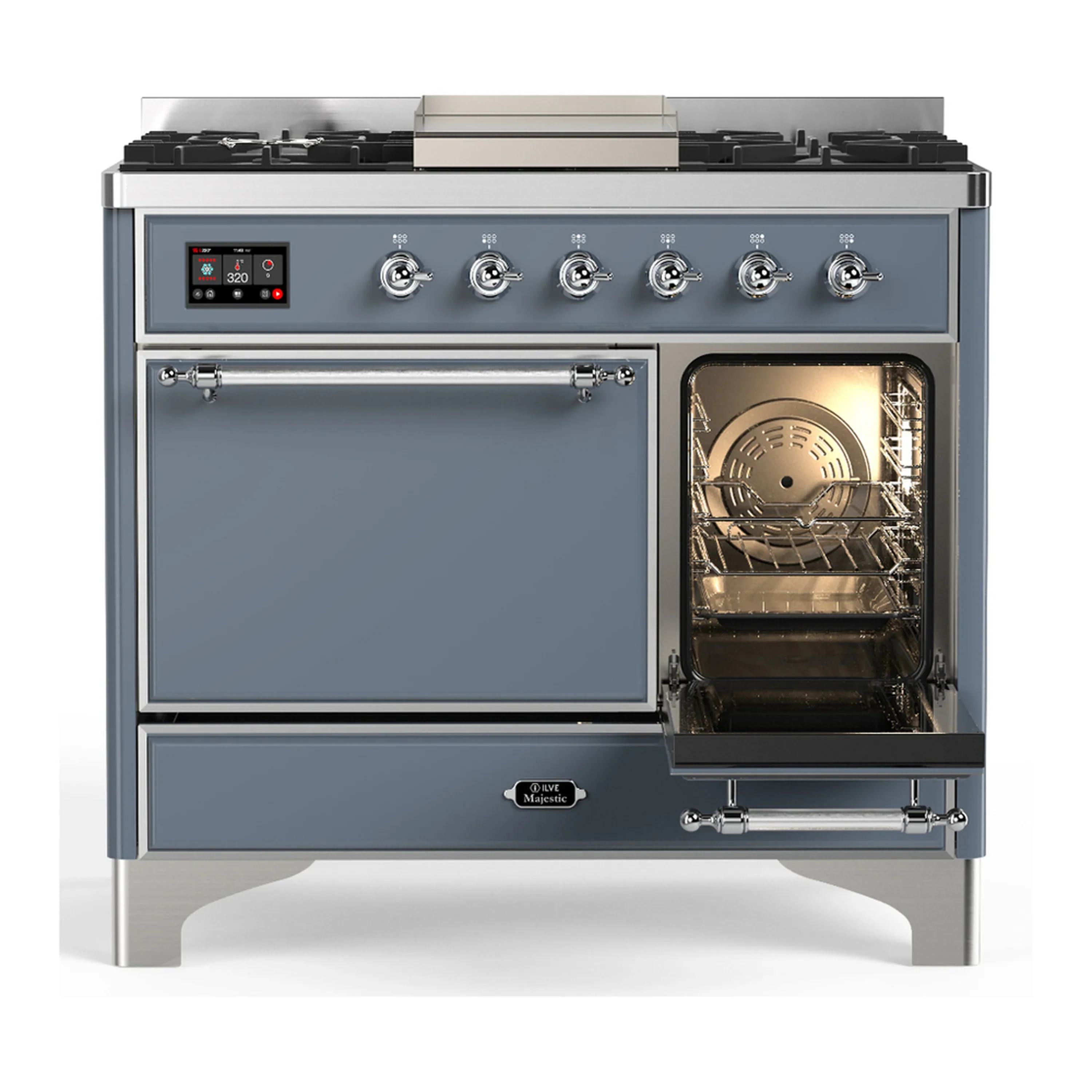ILVE Majestic III 40-inch Dual Fuel Range with 6 Natural Gas Burner, Griddle and Solid Door Electric Oven in Blue Grey with Chrome Trim (UMD40FQNR3BGC) - Image 4