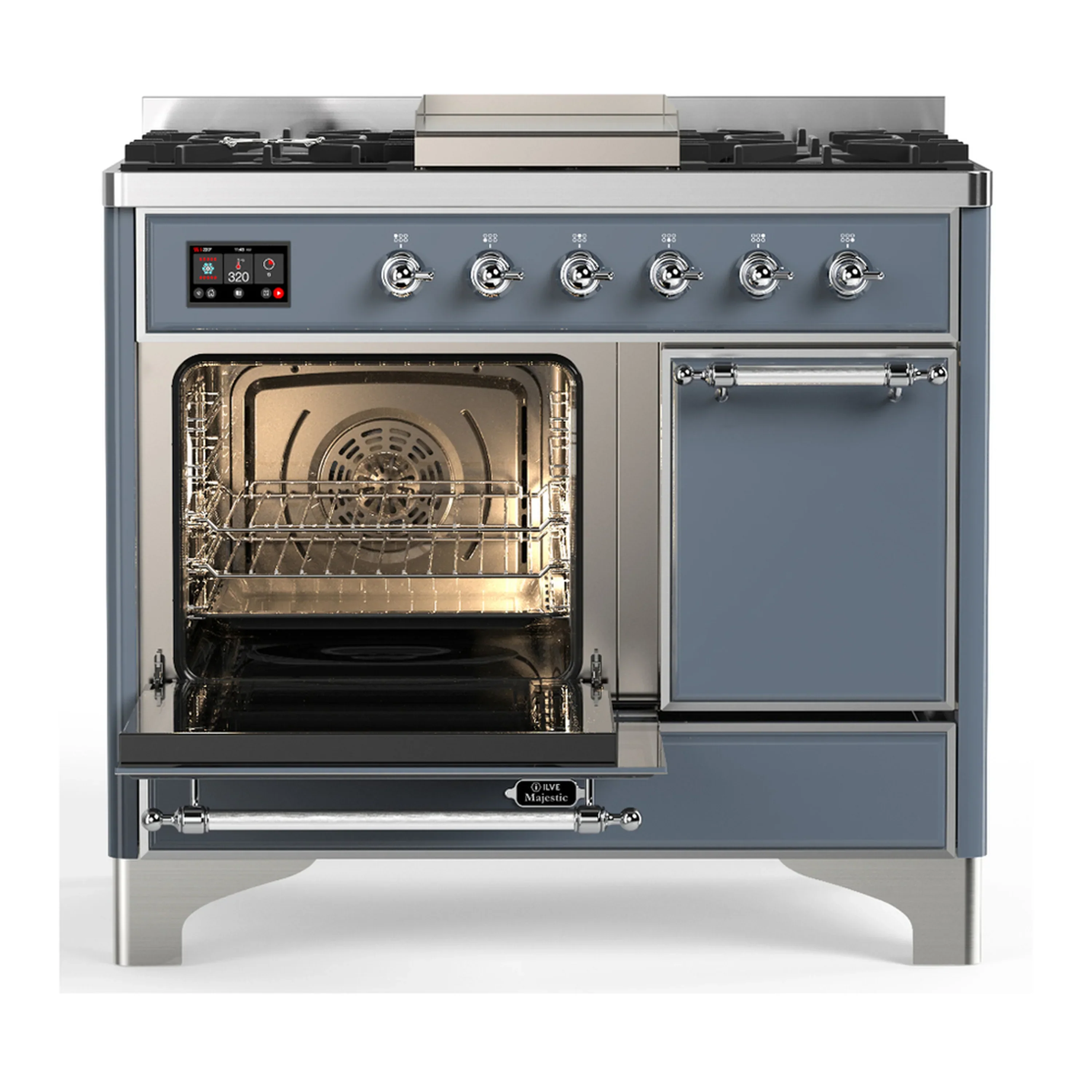 ILVE Majestic III 40-inch Dual Fuel Range with 6 Natural Gas Burner, Griddle and Solid Door Electric Oven in Blue Grey with Chrome Trim (UMD40FQNR3BGC) - Image 5