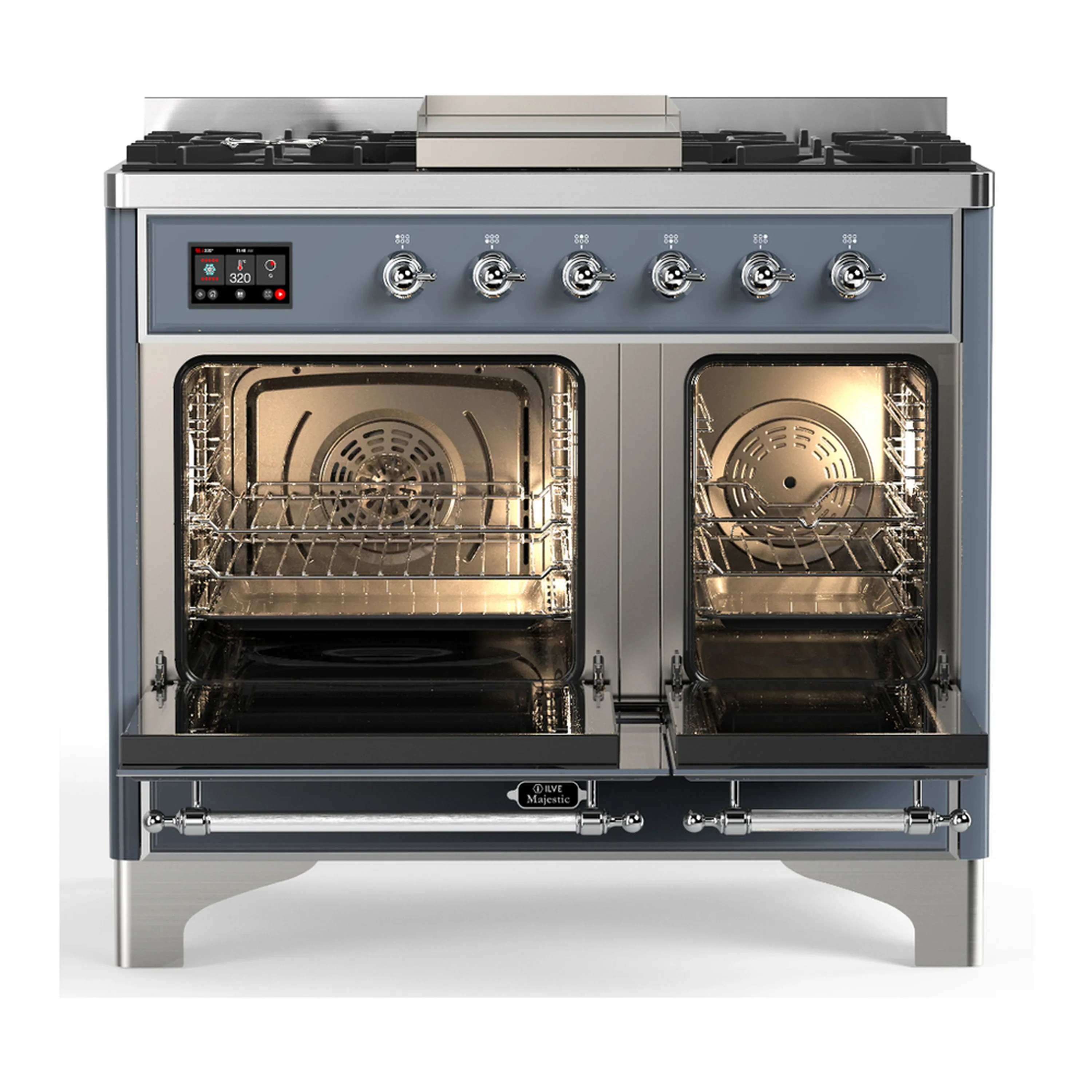 ILVE Majestic III 40-inch Dual Fuel Range with 6 Natural Gas Burner, Griddle and Solid Door Electric Oven in Blue Grey with Chrome Trim (UMD40FQNR3BGC) - Image 6