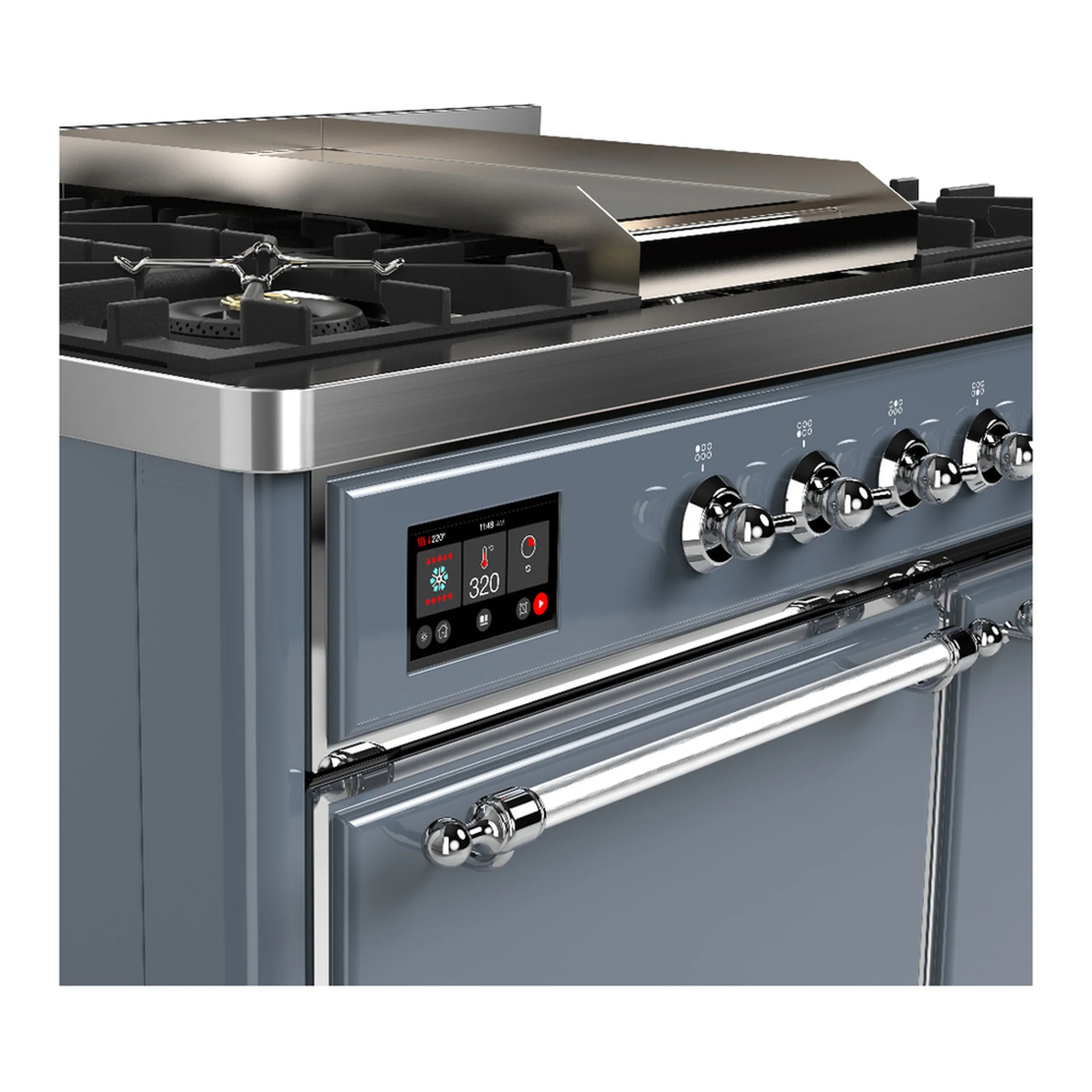 ILVE Majestic III 40-inch Dual Fuel Range with 6 Natural Gas Burner, Griddle and Solid Door Electric Oven in Blue Grey with Chrome Trim (UMD40FQNR3BGC) - Image 7
