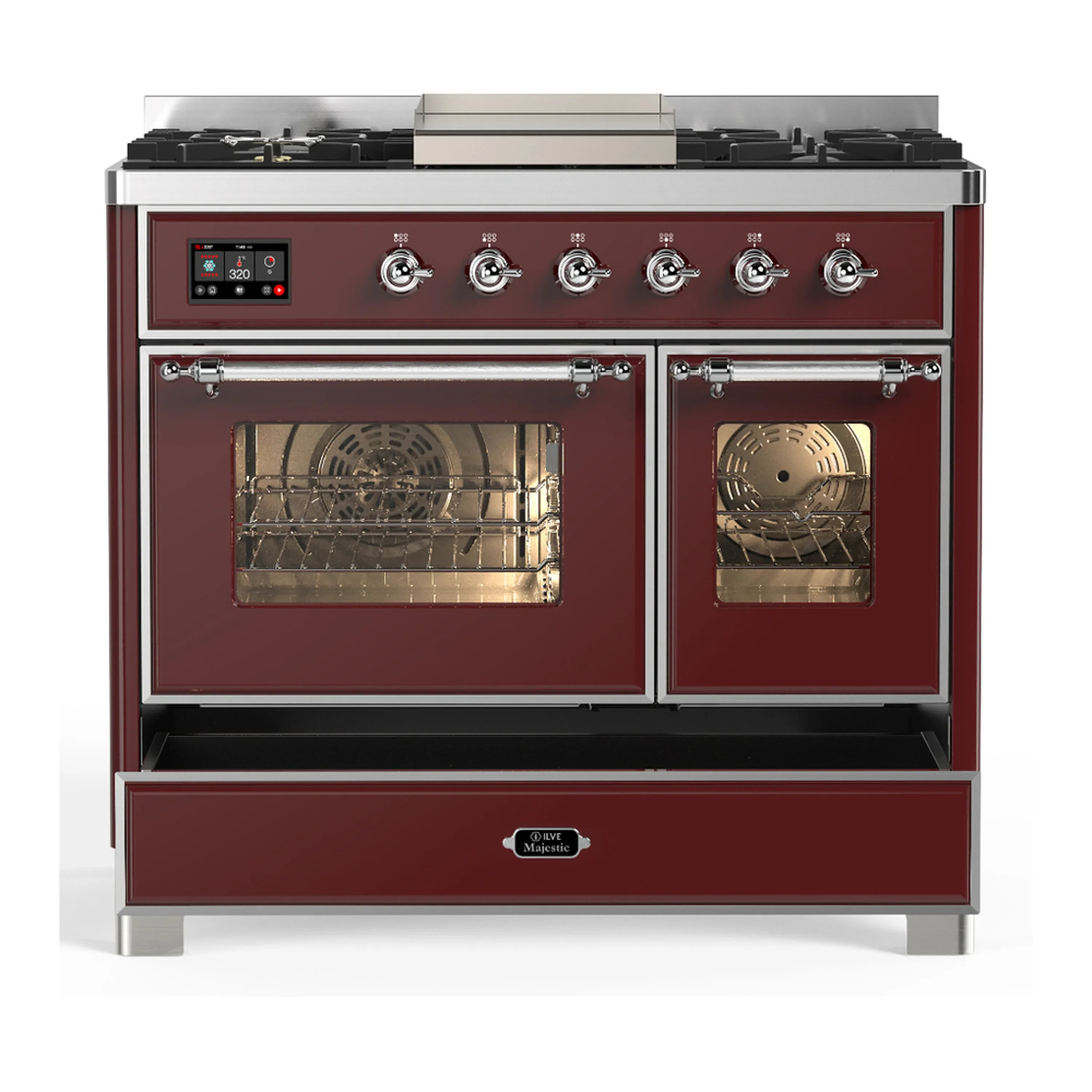 ILVE Majestic III 40-inch Dual Fuel Range with 6 Natural Gas Burner, Griddle and Triple Glass Door Electric Oven in Burgundy with Chrome Trim (UMD40FNR3BUC) - Image 3