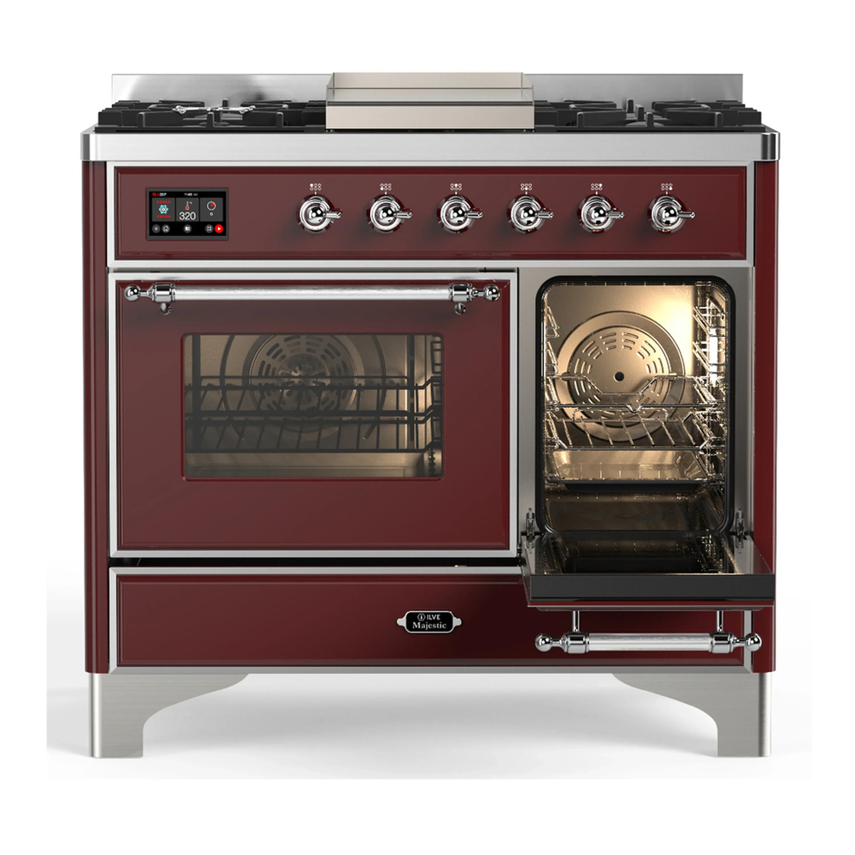 ILVE Majestic III 40-inch Dual Fuel Range with 6 Natural Gas Burner, Griddle and Triple Glass Door Electric Oven in Burgundy with Chrome Trim (UMD40FNR3BUC) - Image 4