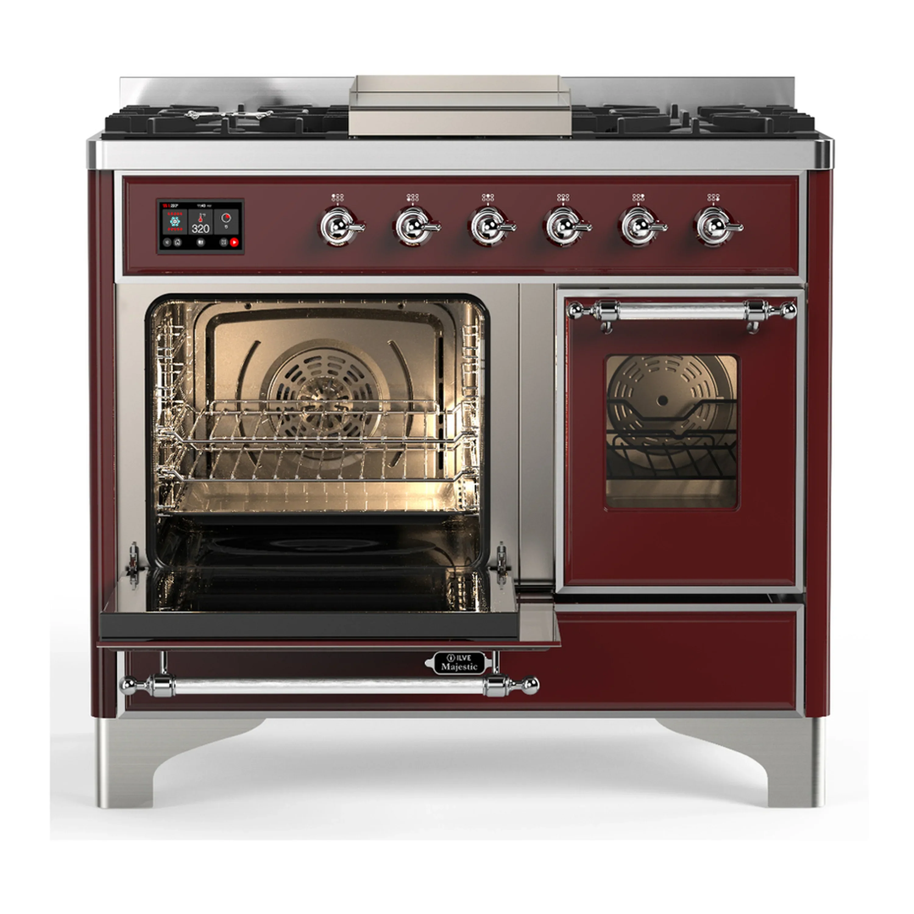 ILVE Majestic III 40-inch Dual Fuel Range with 6 Natural Gas Burner, Griddle and Triple Glass Door Electric Oven in Burgundy with Chrome Trim (UMD40FNR3BUC) - Image 5
