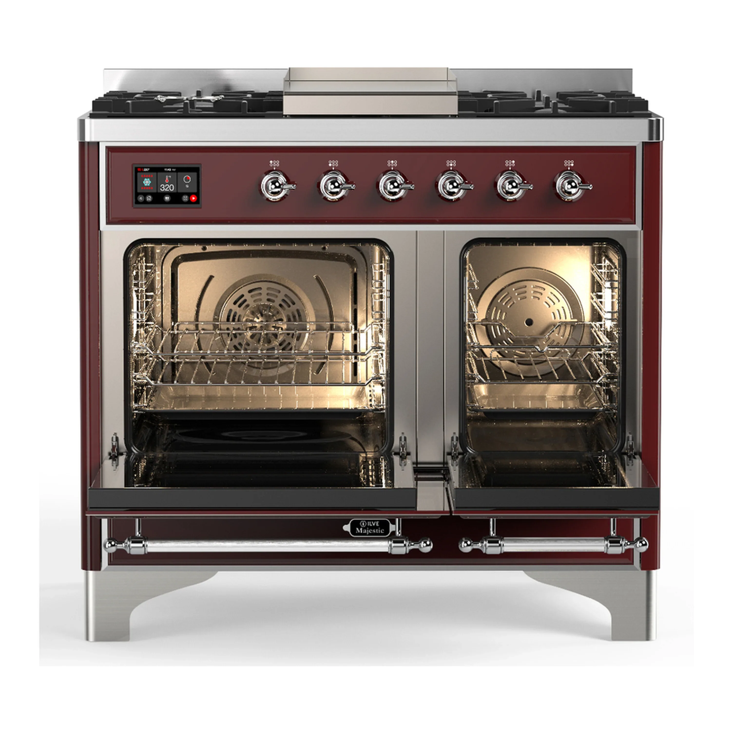 ILVE Majestic III 40-inch Dual Fuel Range with 6 Natural Gas Burner, Griddle and Triple Glass Door Electric Oven in Burgundy with Chrome Trim (UMD40FNR3BUC) - Image 6