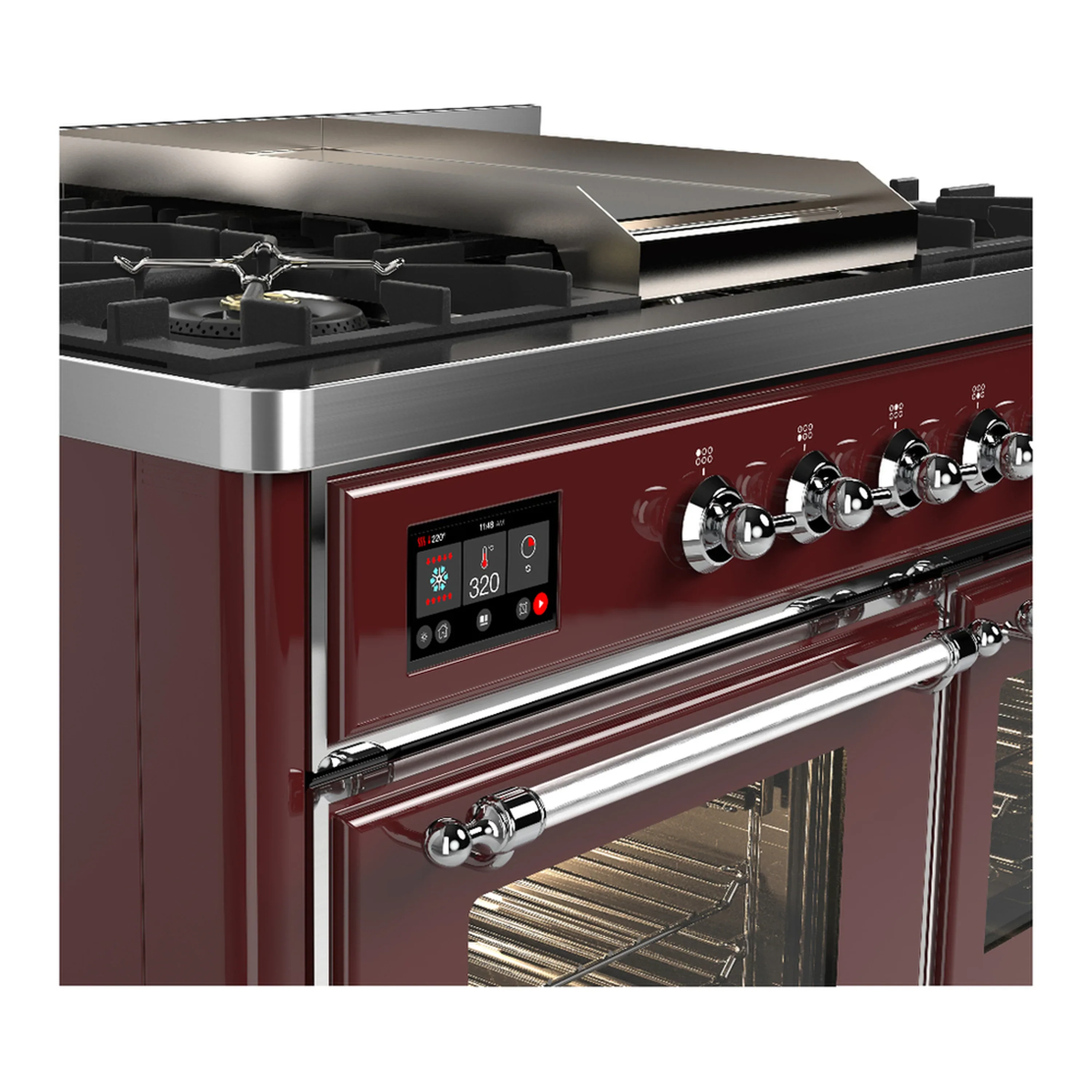 ILVE Majestic III 40-inch Dual Fuel Range with 6 Natural Gas Burner, Griddle and Triple Glass Door Electric Oven in Burgundy with Chrome Trim (UMD40FNR3BUC) - Image 7