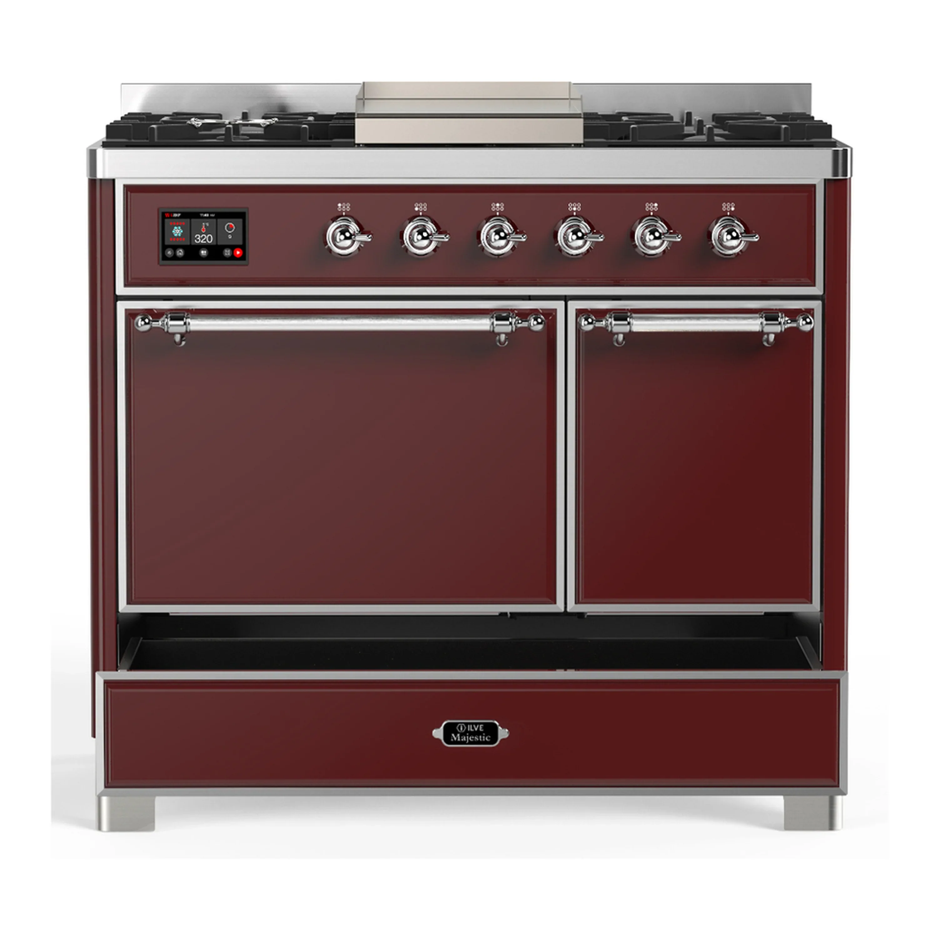 ILVE Majestic III 40-inch Dual Fuel Range with 6 Natural Gas Burner, Griddle and Solid Door Electric Oven in Burgundy with Chrome Trim (UMD40FQNR3BUC) - Image 3
