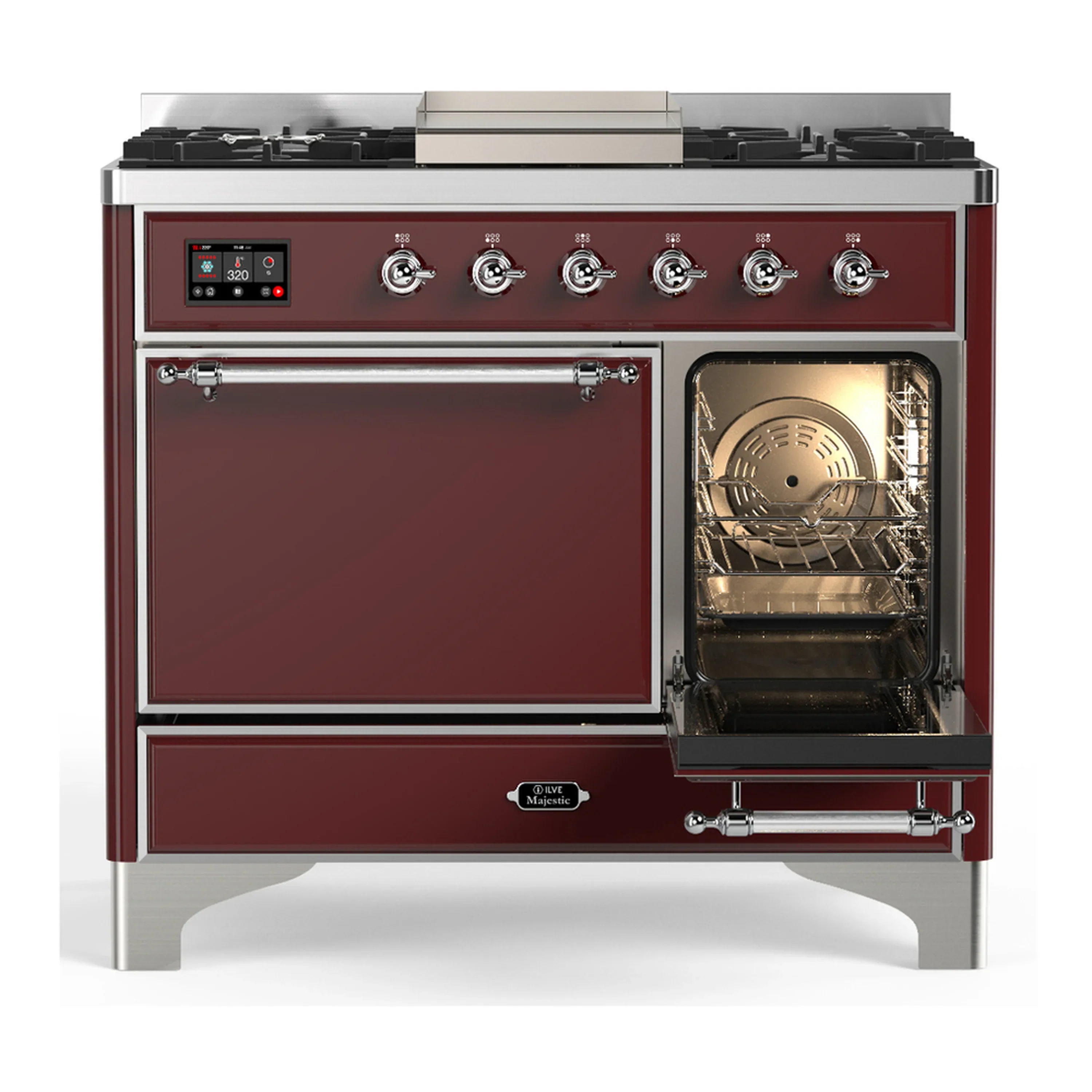 ILVE Majestic III 40-inch Dual Fuel Range with 6 Natural Gas Burner, Griddle and Solid Door Electric Oven in Burgundy with Chrome Trim (UMD40FQNR3BUC) - Image 4