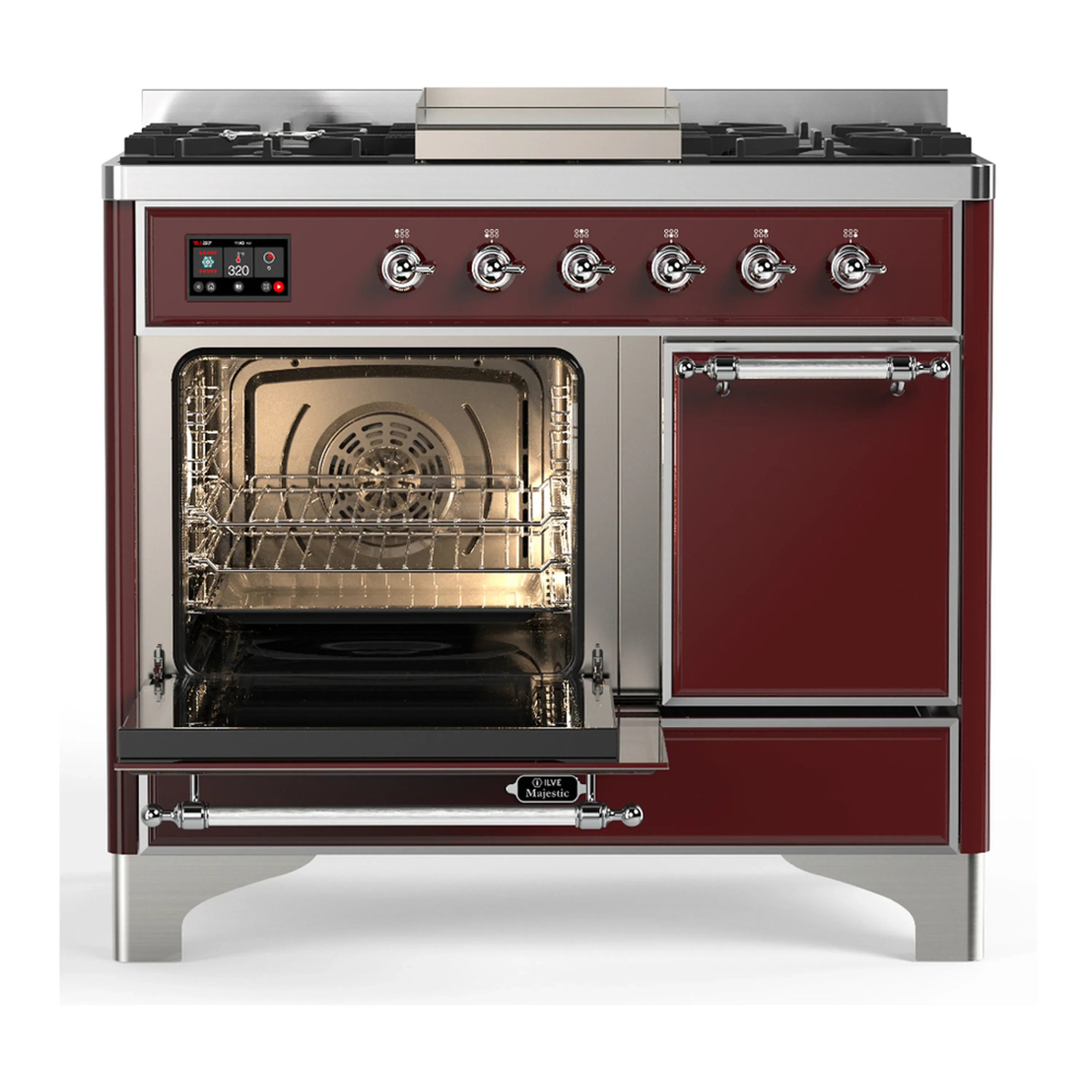 ILVE Majestic III 40-inch Dual Fuel Range with 6 Natural Gas Burner, Griddle and Solid Door Electric Oven in Burgundy with Chrome Trim (UMD40FQNR3BUC) - Image 5