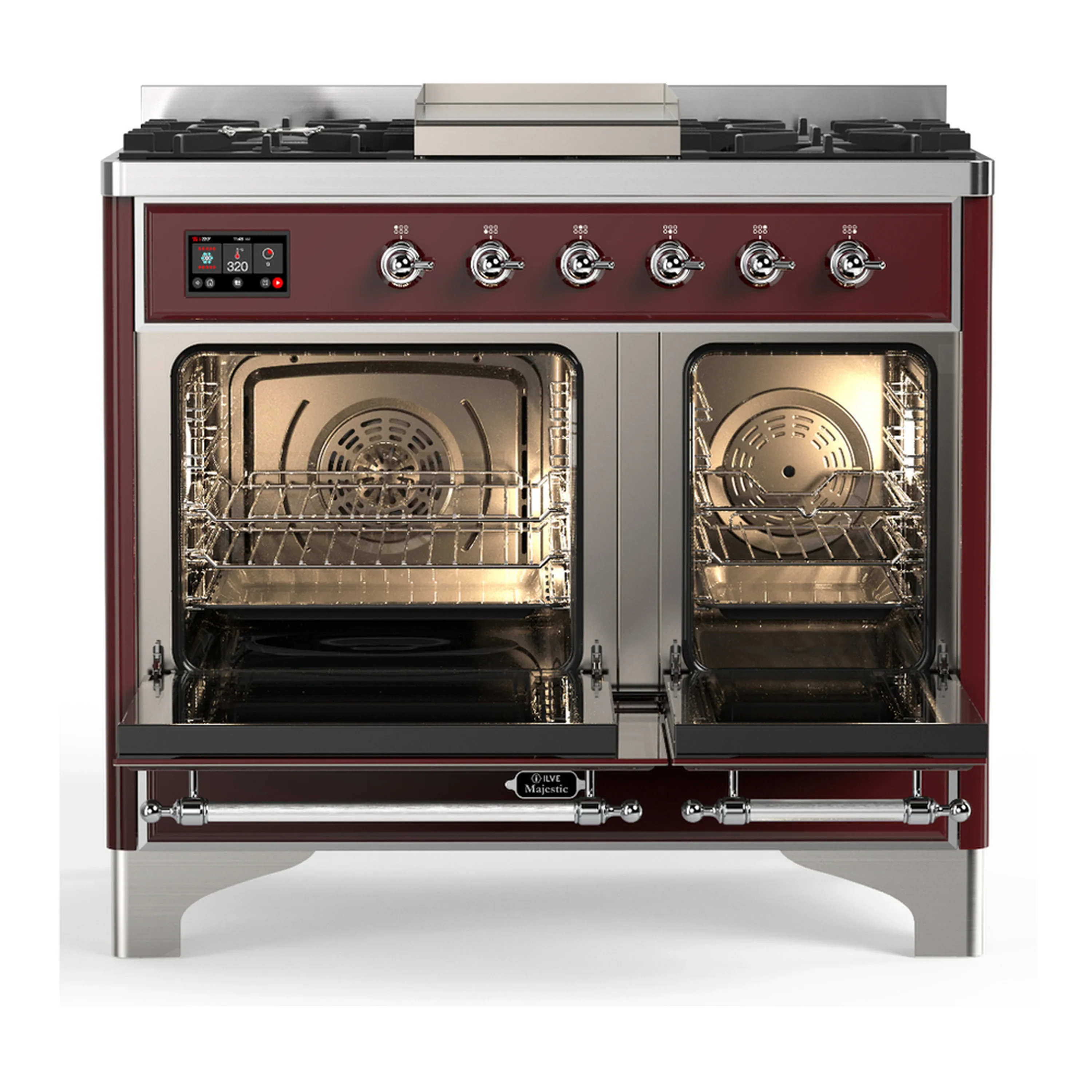 ILVE Majestic III 40-inch Dual Fuel Range with 6 Natural Gas Burner, Griddle and Solid Door Electric Oven in Burgundy with Chrome Trim (UMD40FQNR3BUC) - Image 6