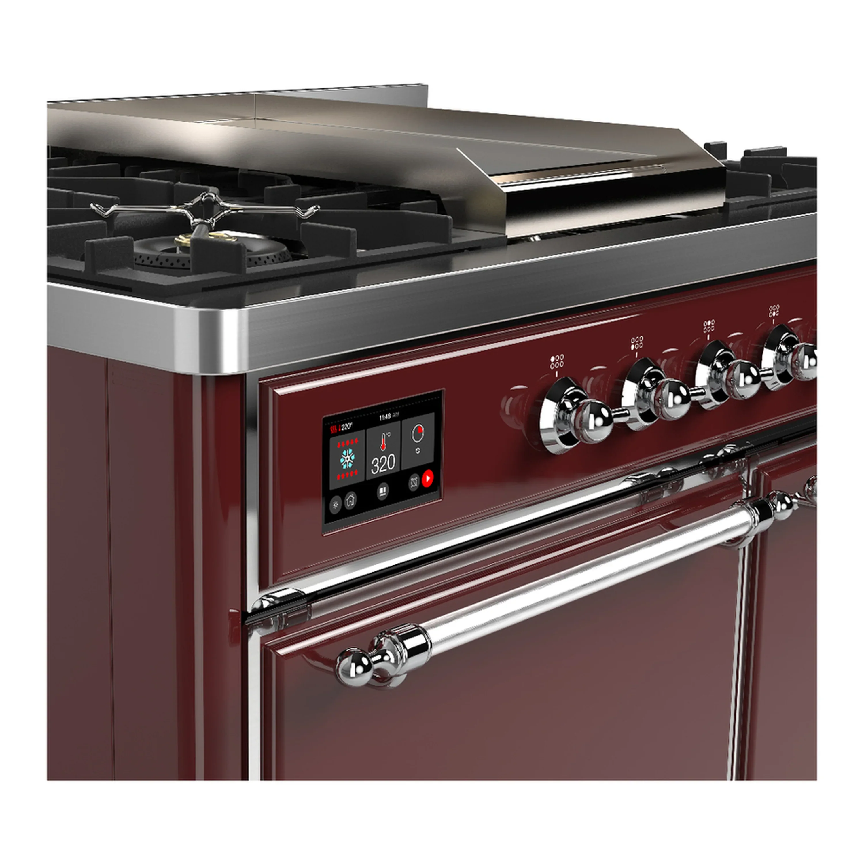 ILVE Majestic III 40-inch Dual Fuel Range with 6 Natural Gas Burner, Griddle and Solid Door Electric Oven in Burgundy with Chrome Trim (UMD40FQNR3BUC) - Image 7