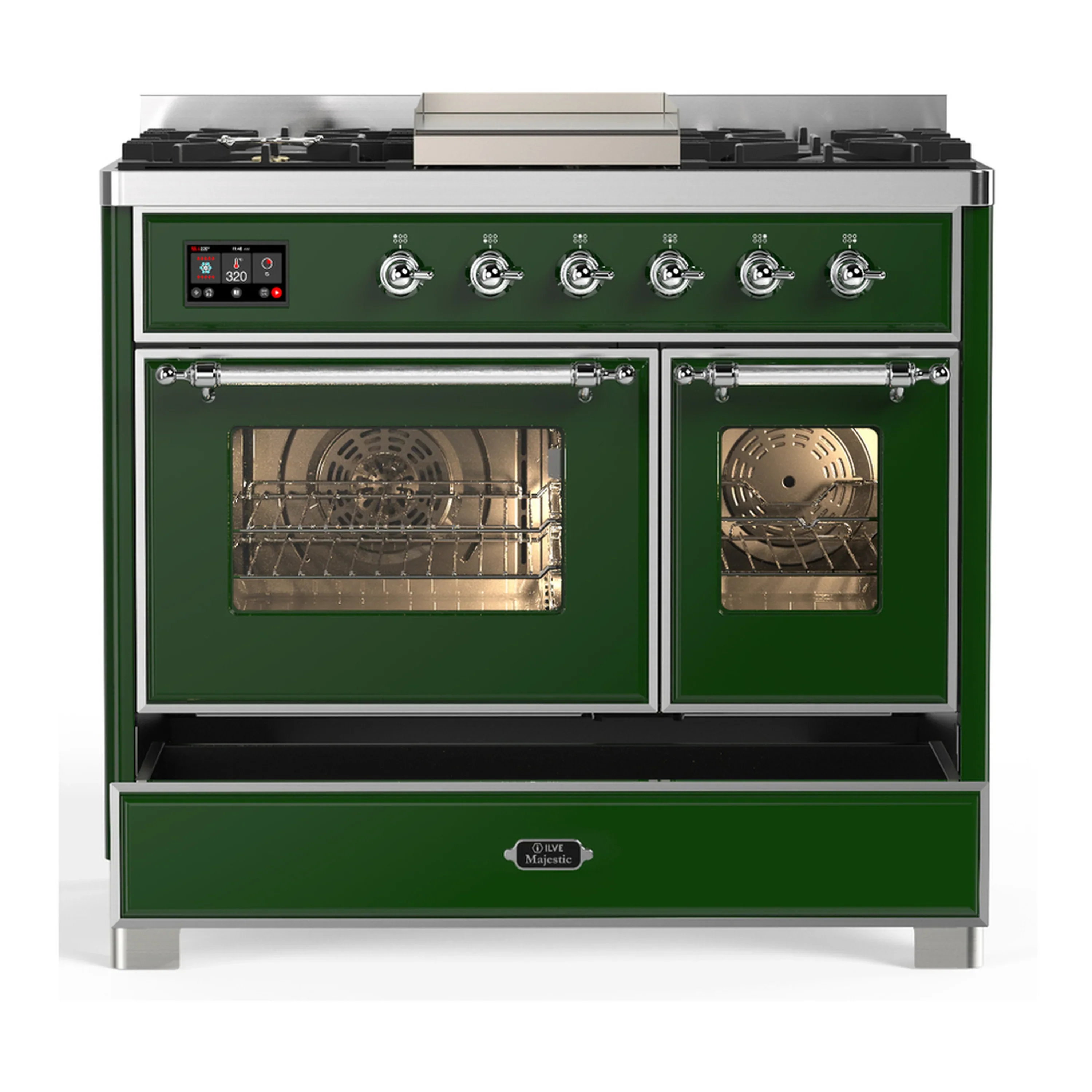 ILVE Majestic III 40-inch Dual Fuel Range with 5 Liquid Propane Burner, Griddle and Triple Glass Door Electric Oven in Emerald Green with Chrome Trim (UMD40FNR3EGCLP) - Image 3