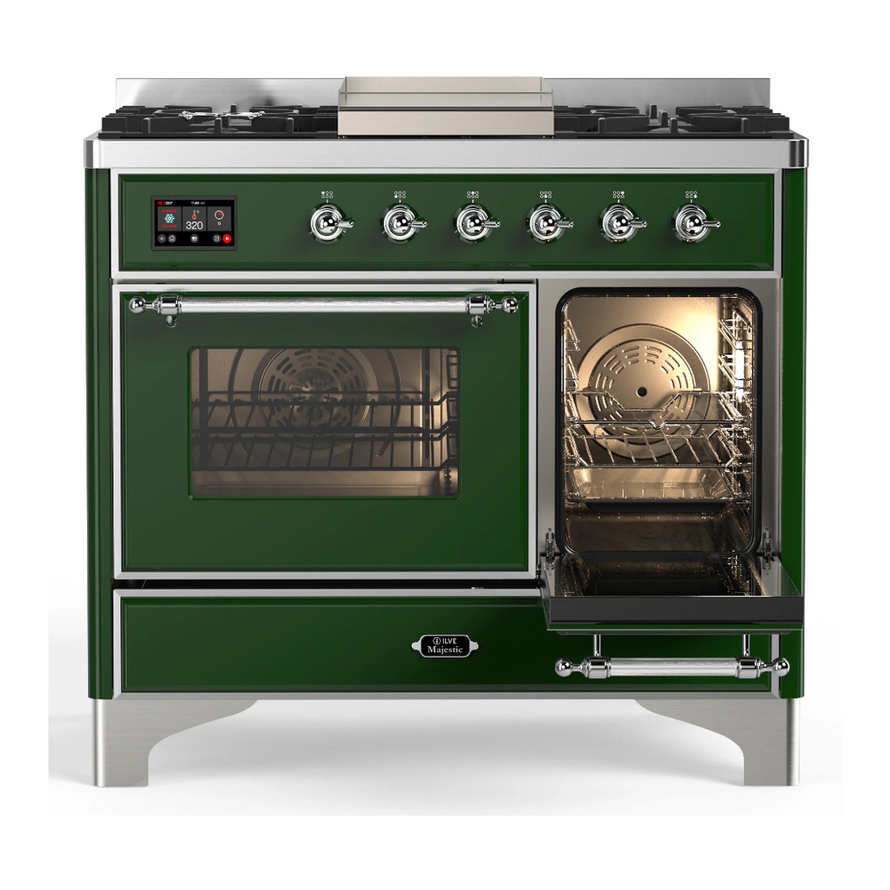 ILVE Majestic III 40-inch Dual Fuel Range with 5 Liquid Propane Burner, Griddle and Triple Glass Door Electric Oven in Emerald Green with Chrome Trim (UMD40FNR3EGCLP) - Image 4