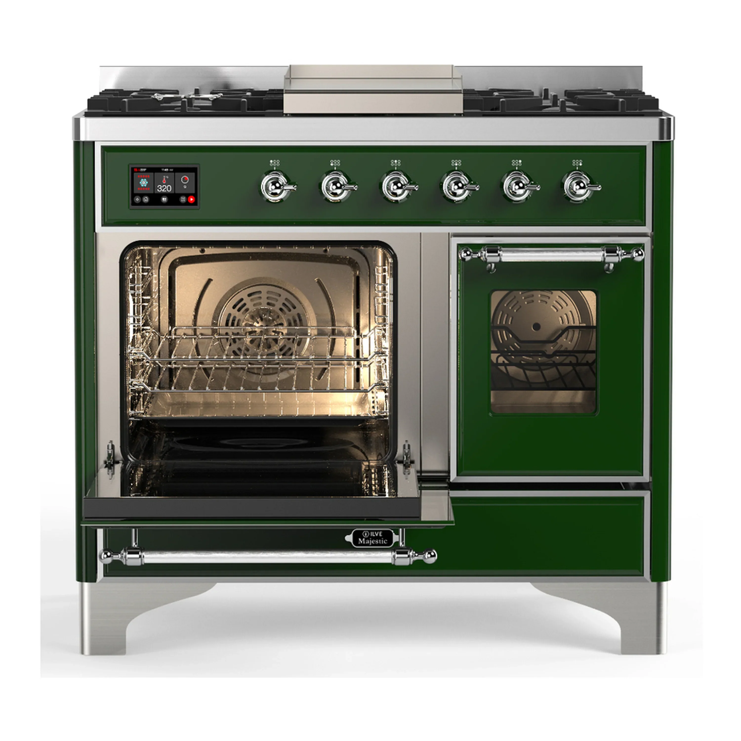 ILVE Majestic III 40-inch Dual Fuel Range with 5 Liquid Propane Burner, Griddle and Triple Glass Door Electric Oven in Emerald Green with Chrome Trim (UMD40FNR3EGCLP) - Image 5