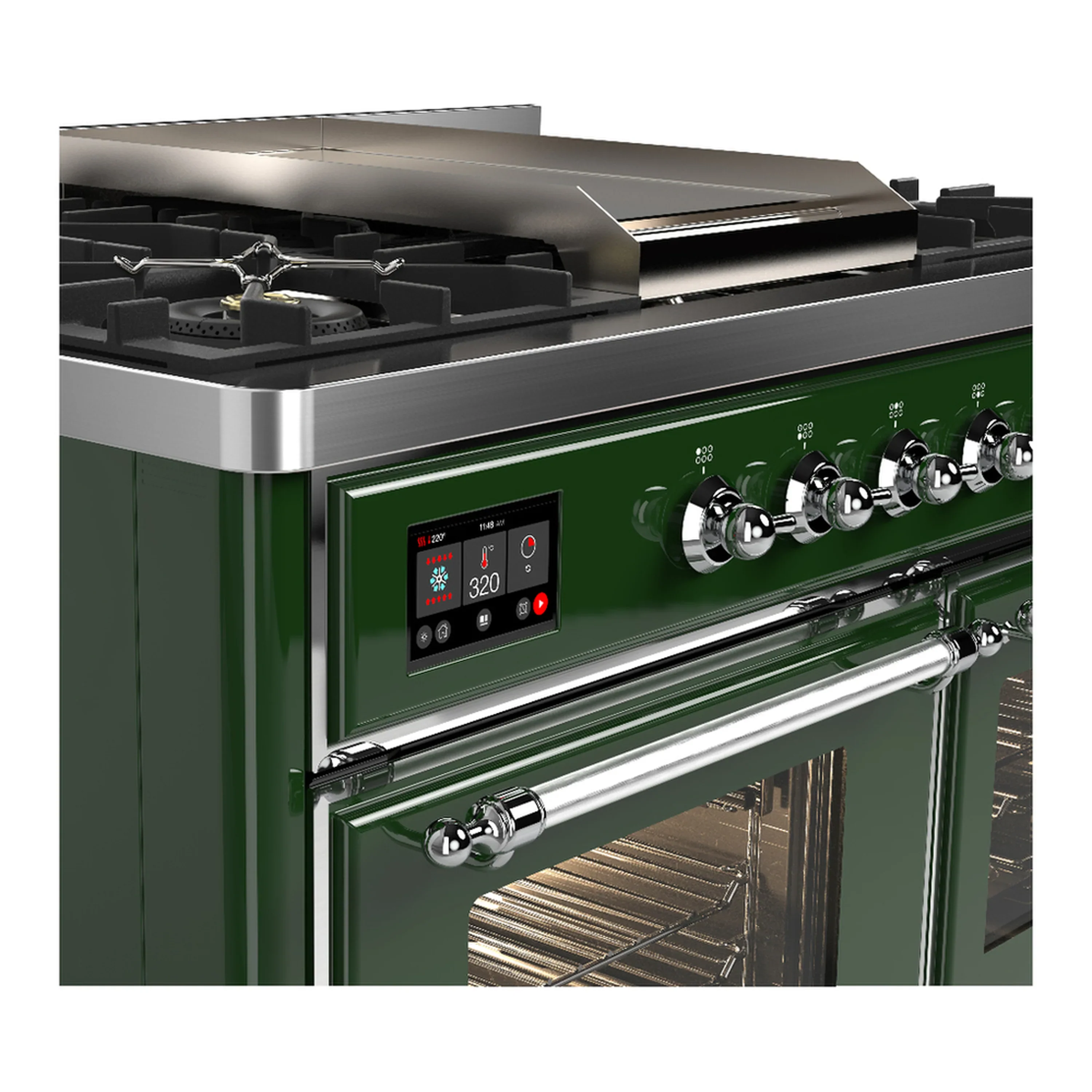 ILVE Majestic III 40-inch Dual Fuel Range with 5 Liquid Propane Burner, Griddle and Triple Glass Door Electric Oven in Emerald Green with Chrome Trim (UMD40FNR3EGCLP) - Image 7