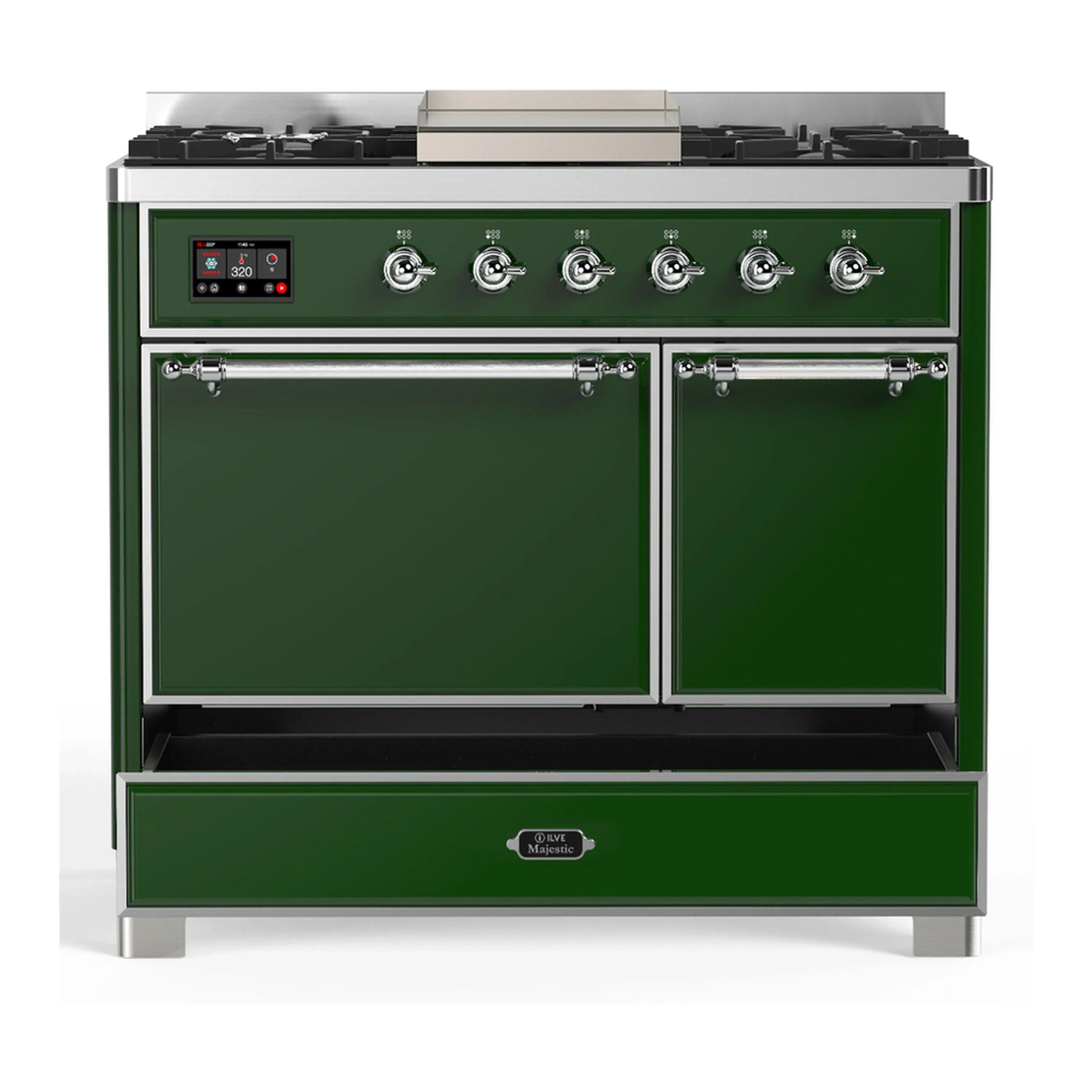 ILVE Majestic III 40-inch Dual Fuel Range with 6 Natural Gas Burner, Griddle and Solid Door Electric Oven in Emerald Green with Chrome Trim (UMD40FQNR3EGC) - Image 3