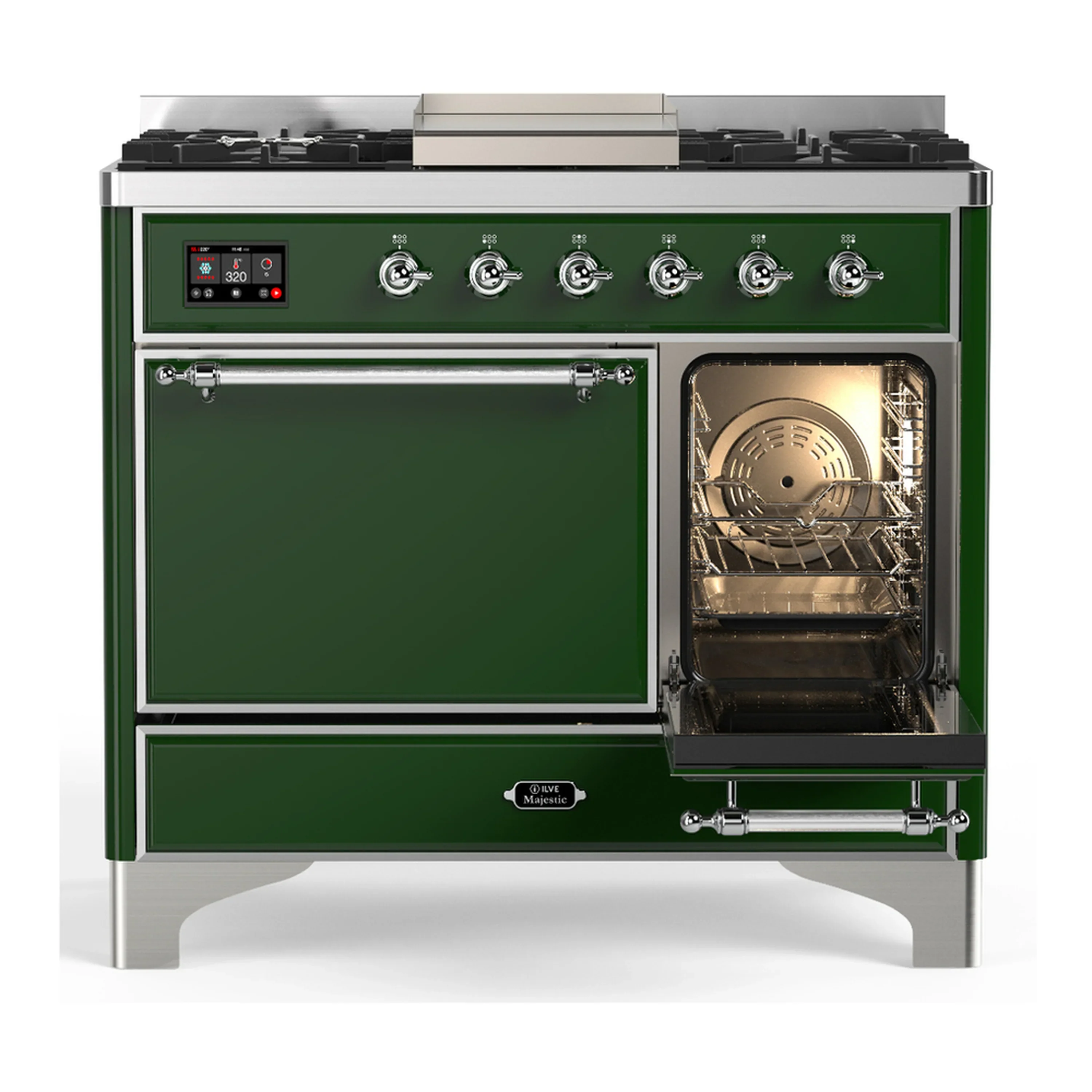 ILVE Majestic III 40-inch Dual Fuel Range with 6 Natural Gas Burner, Griddle and Solid Door Electric Oven in Emerald Green with Chrome Trim (UMD40FQNR3EGC) - Image 4