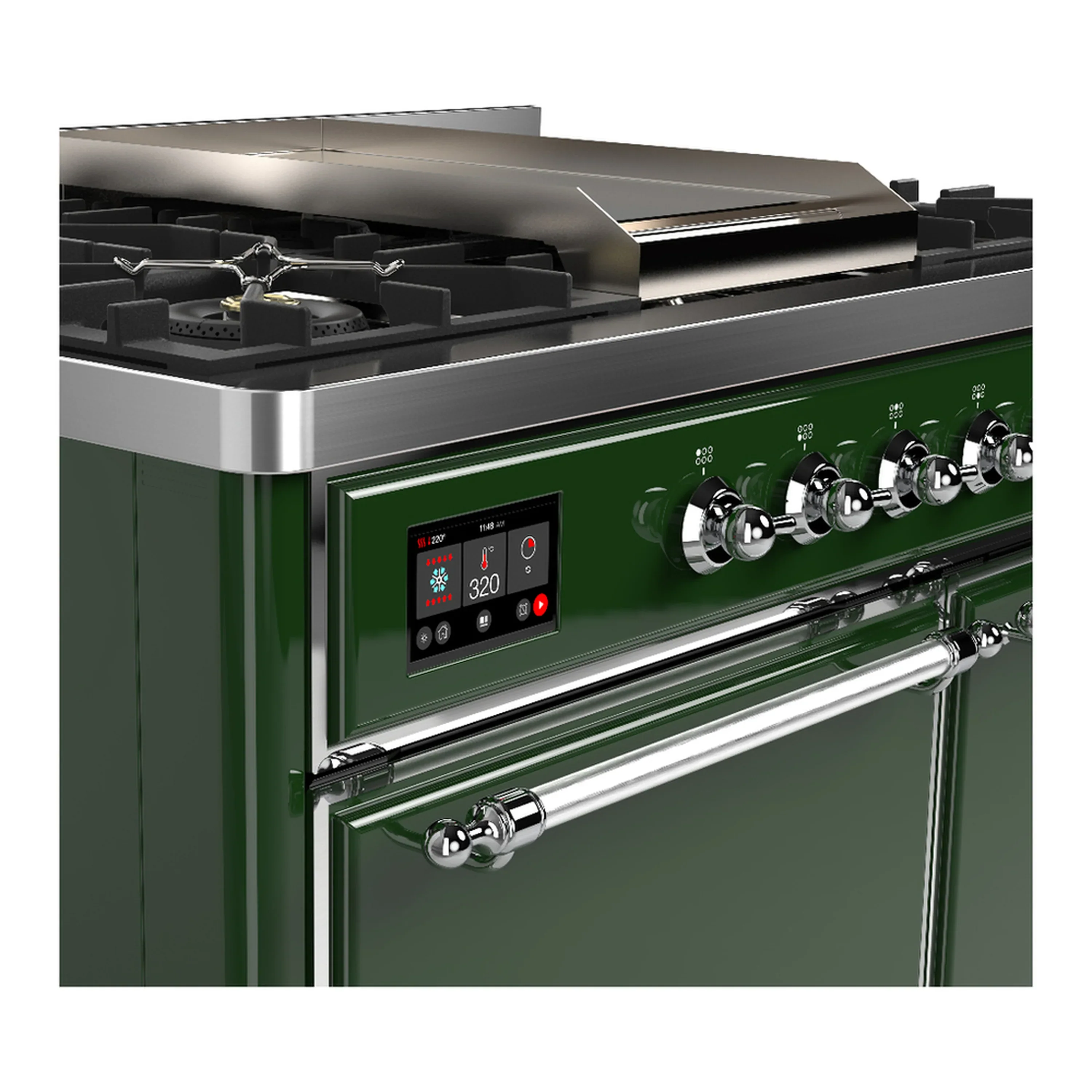 ILVE Majestic III 40-inch Dual Fuel Range with 6 Natural Gas Burner, Griddle and Solid Door Electric Oven in Emerald Green with Chrome Trim (UMD40FQNR3EGC) - Image 7