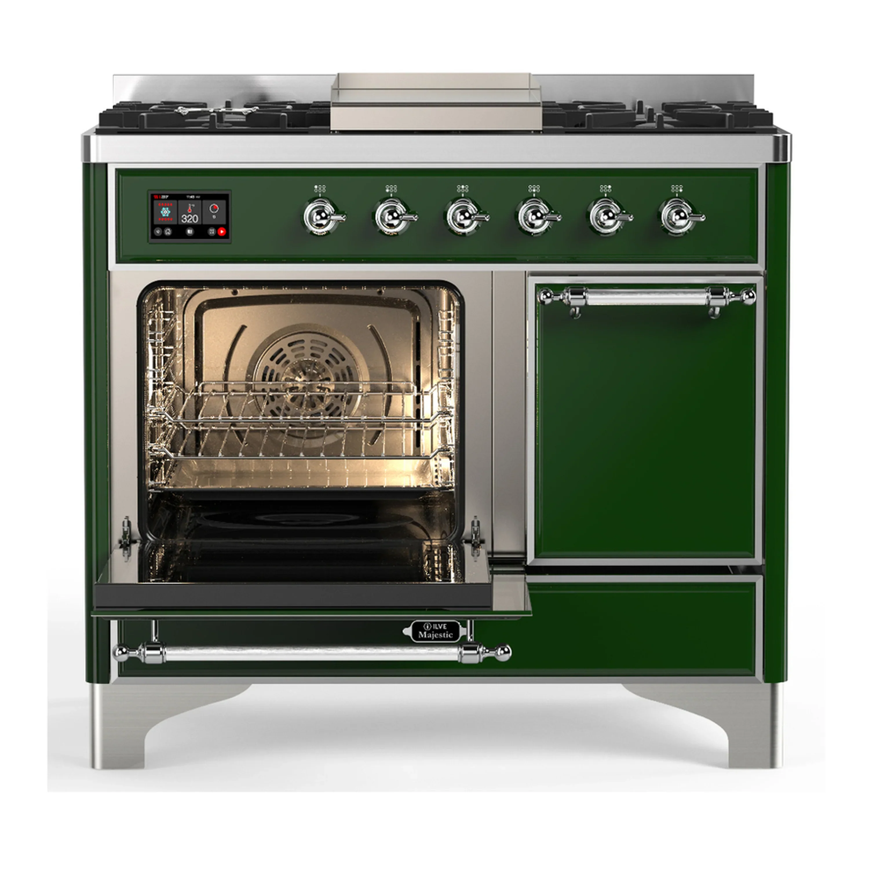 ILVE Majestic III 40-inch Dual Fuel Range with 5 Liquid Propane Burner, Griddle and Solid Door Electric Oven in Emerald Green with Chrome Trim (UMD40FQNR3EGCLP) - Image 5