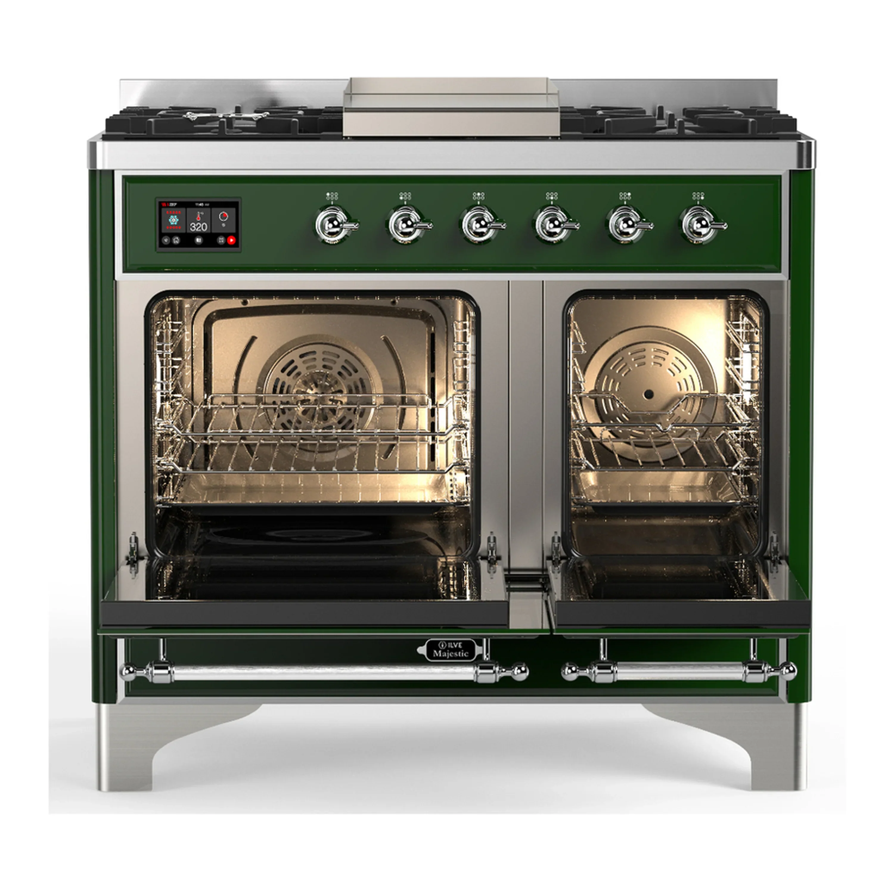 ILVE Majestic III 40-inch Dual Fuel Range with 5 Liquid Propane Burner, Griddle and Solid Door Electric Oven in Emerald Green with Chrome Trim (UMD40FQNR3EGCLP) - Image 6