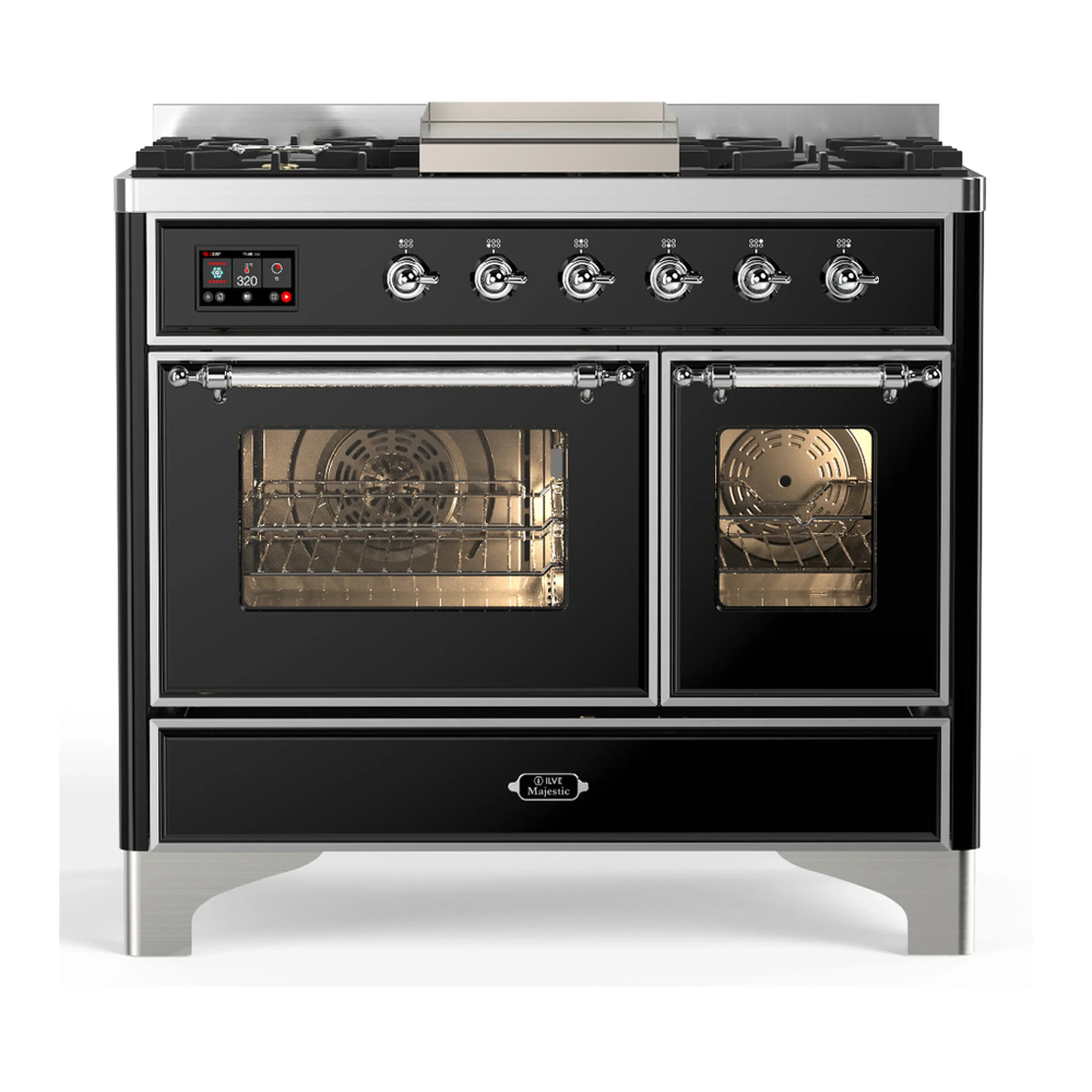 ILVE Majestic III 40-inch Dual Fuel Range with 6 Natural Gas Burner, Griddle and Triple Glass Door Electric Oven in Glossy Black with Chrome Trim (UMD40FNR3BKC) - Image 3