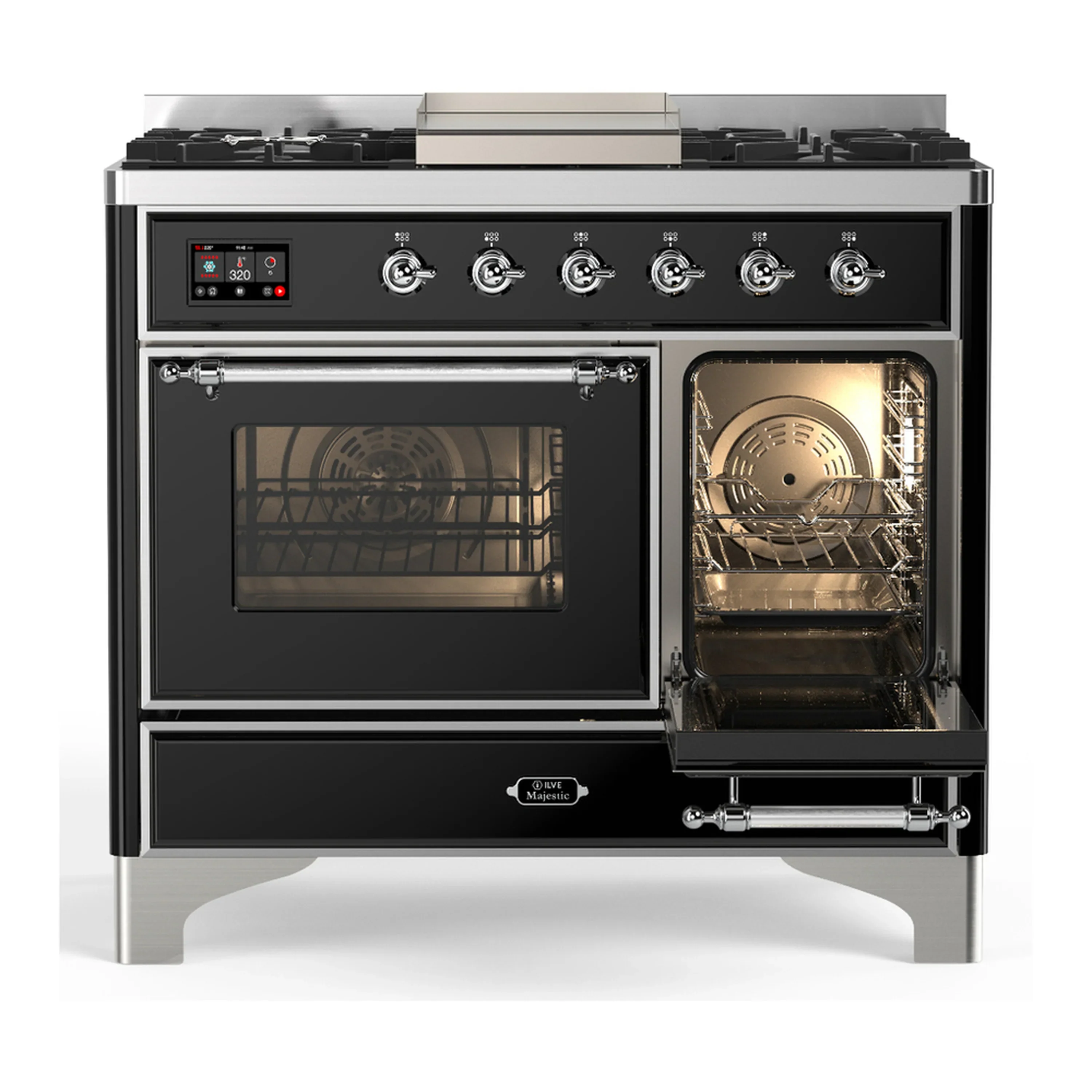 ILVE Majestic III 40-inch Dual Fuel Range with 6 Natural Gas Burner, Griddle and Triple Glass Door Electric Oven in Glossy Black with Chrome Trim (UMD40FNR3BKC) - Image 4