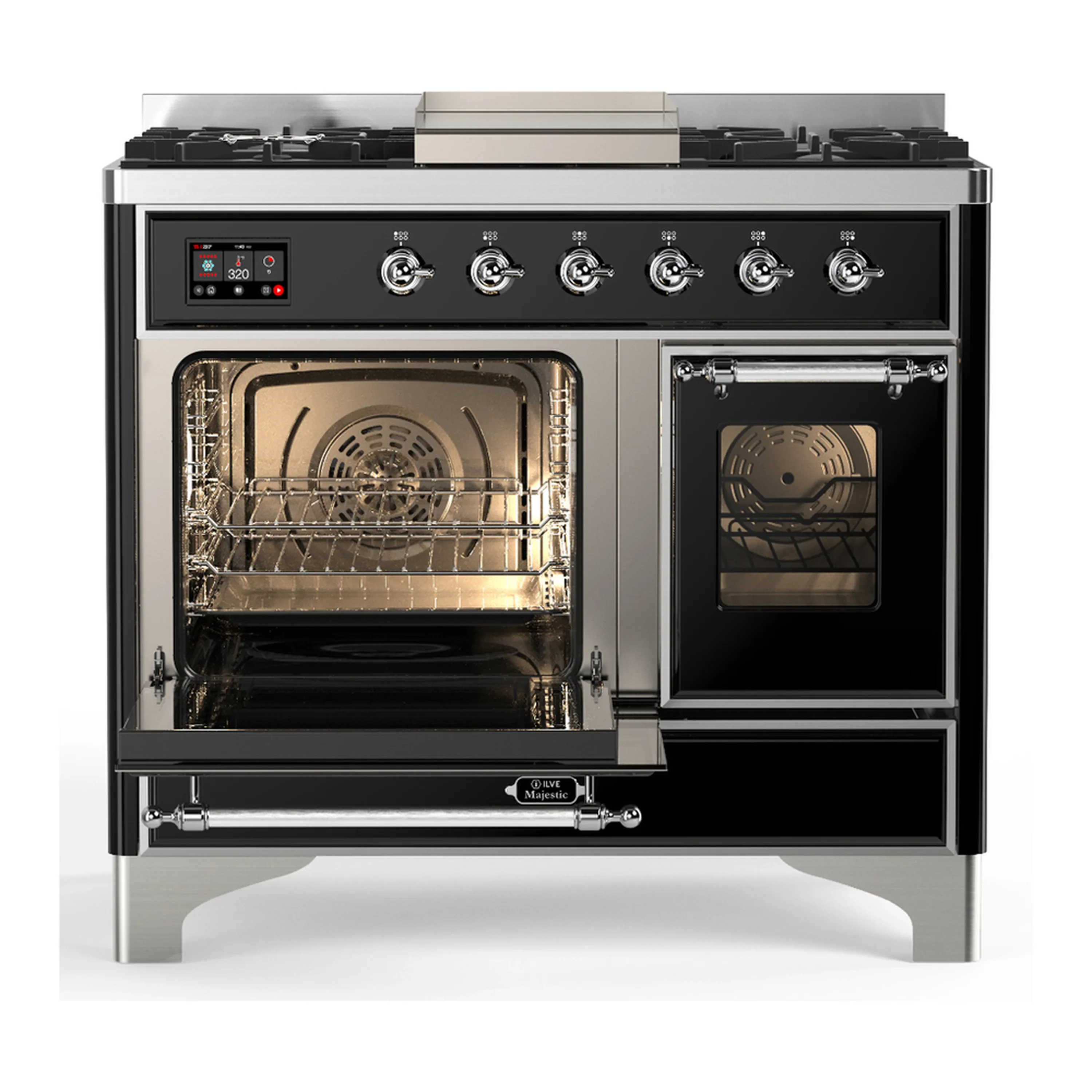 ILVE Majestic III 40-inch Dual Fuel Range with 6 Natural Gas Burner, Griddle and Triple Glass Door Electric Oven in Glossy Black with Chrome Trim (UMD40FNR3BKC) - Image 5