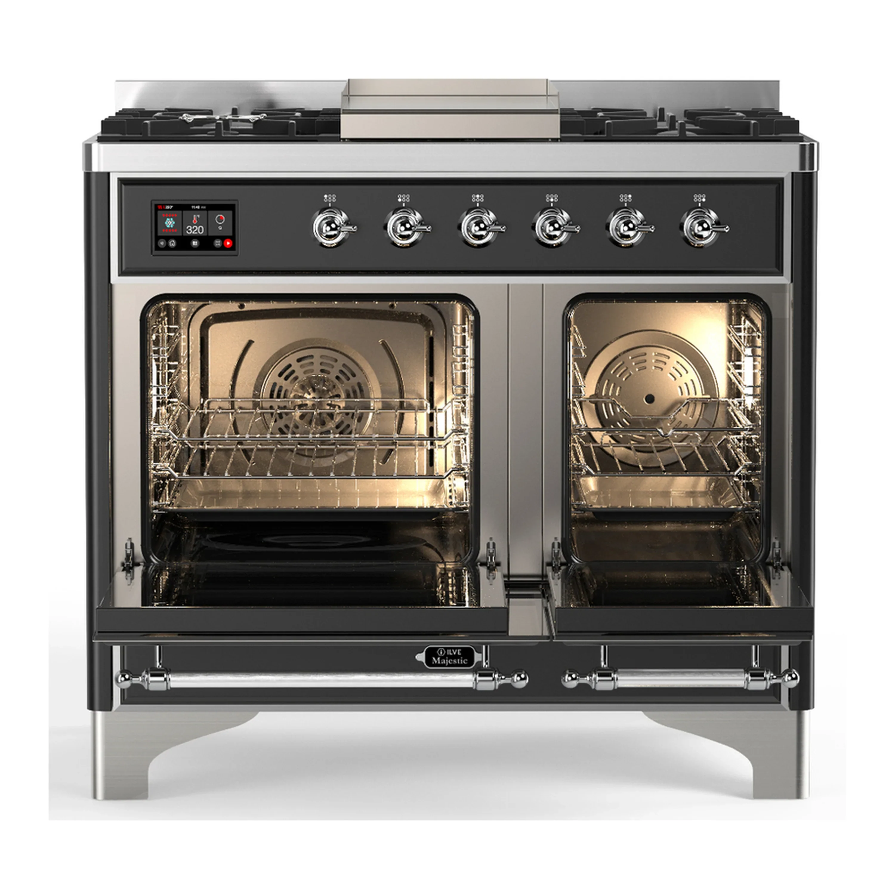 ILVE Majestic III 40-inch Dual Fuel Range with 6 Natural Gas Burner, Griddle and Triple Glass Door Electric Oven in Glossy Black with Chrome Trim (UMD40FNR3BKC) - Image 6