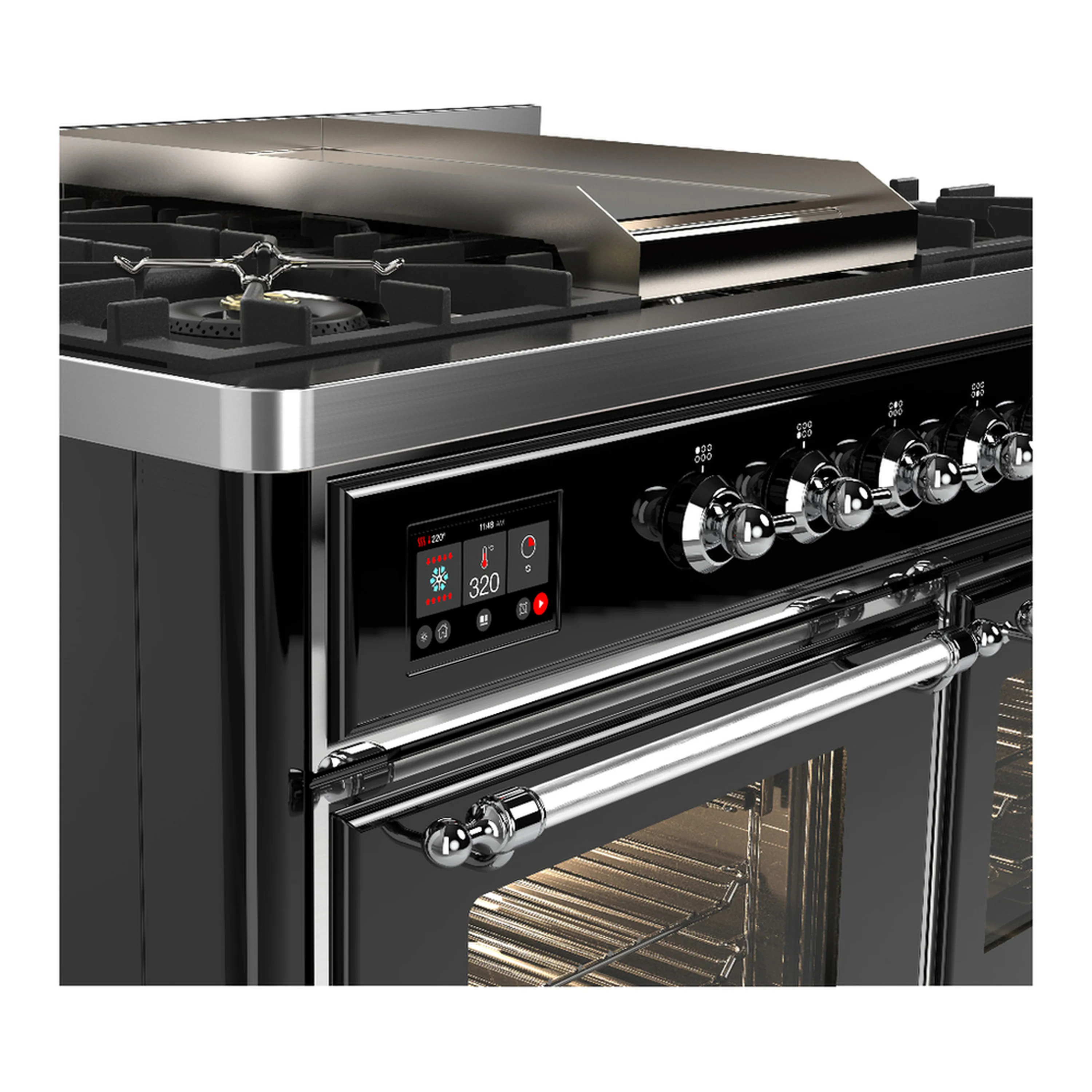 ILVE Majestic III 40-inch Dual Fuel Range with 6 Natural Gas Burner, Griddle and Triple Glass Door Electric Oven in Glossy Black with Chrome Trim (UMD40FNR3BKC) - Image 7