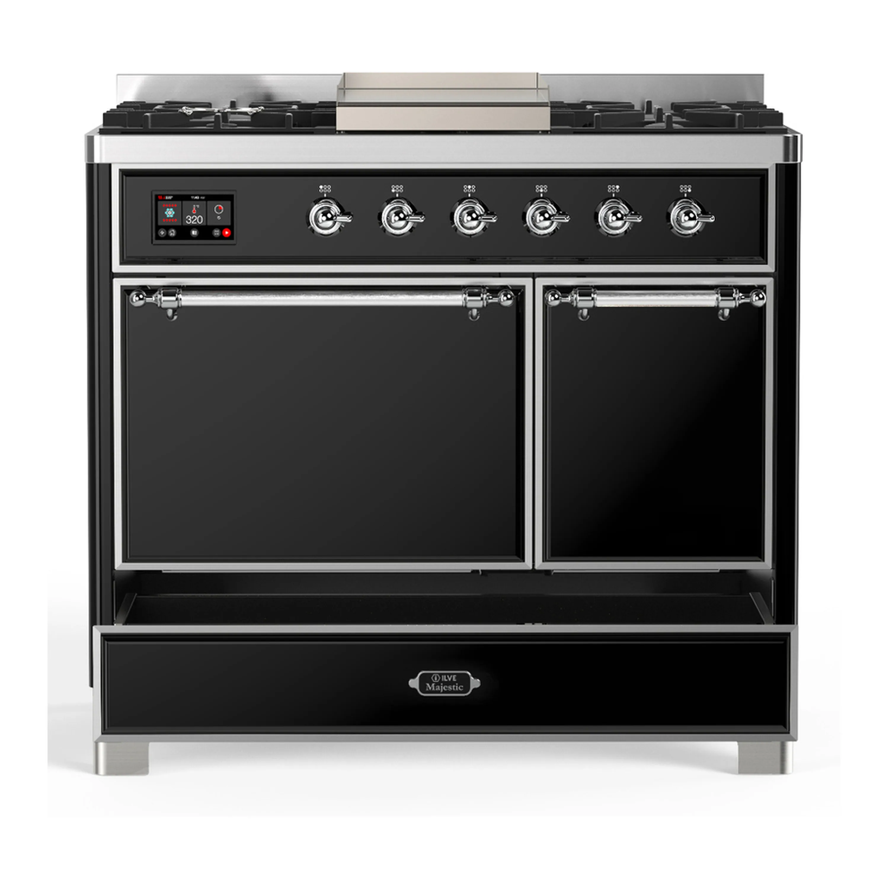 ILVE Majestic III 40-inch Dual Fuel Range with 5 Liquid Propane Burner, Griddle and Solid Door Electric Oven in Glossy Black with Chrome Trim (UMD40FQNR3BKCLP) - Image 3
