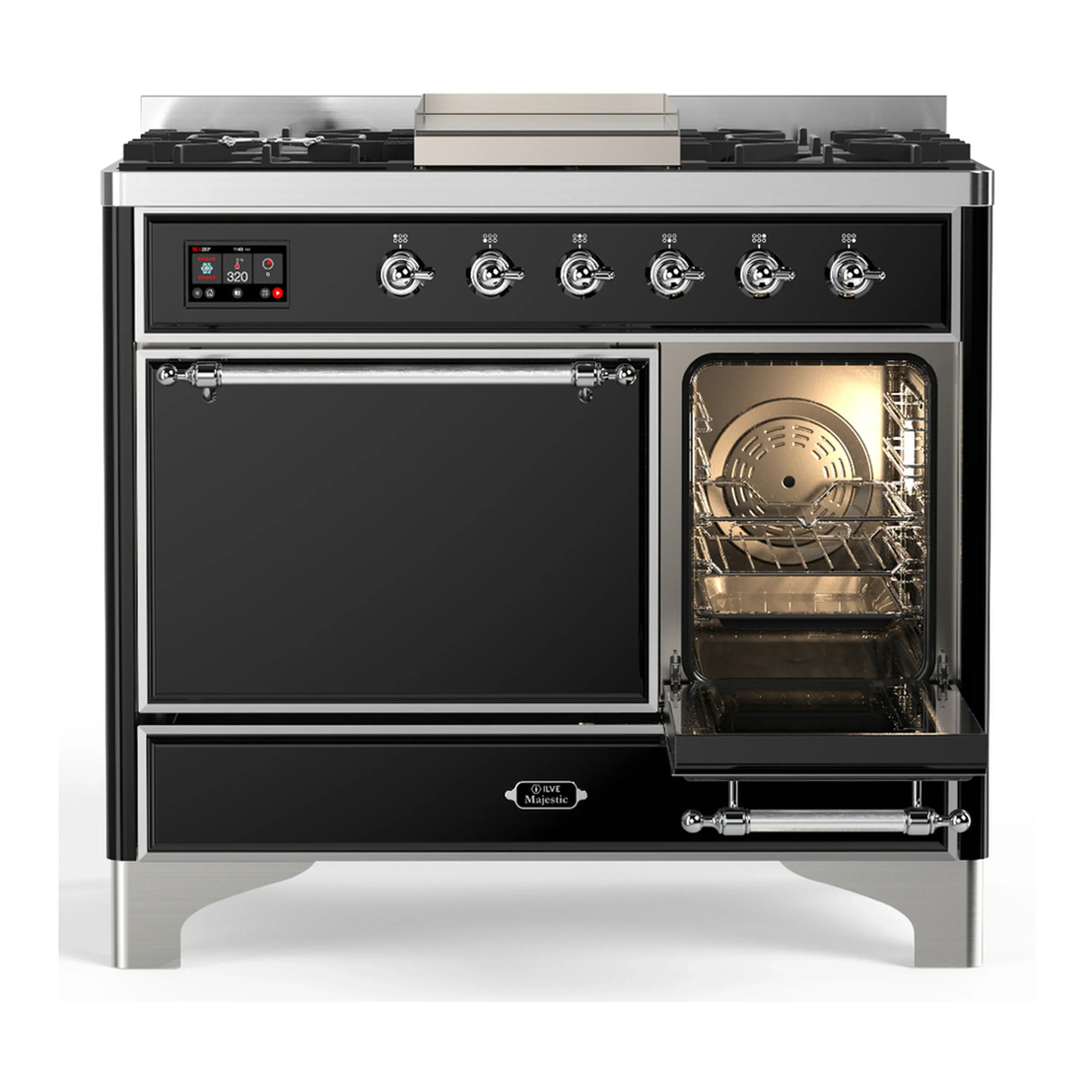 ILVE Majestic III 40-inch Dual Fuel Range with 5 Liquid Propane Burner, Griddle and Solid Door Electric Oven in Glossy Black with Chrome Trim (UMD40FQNR3BKCLP) - Image 4