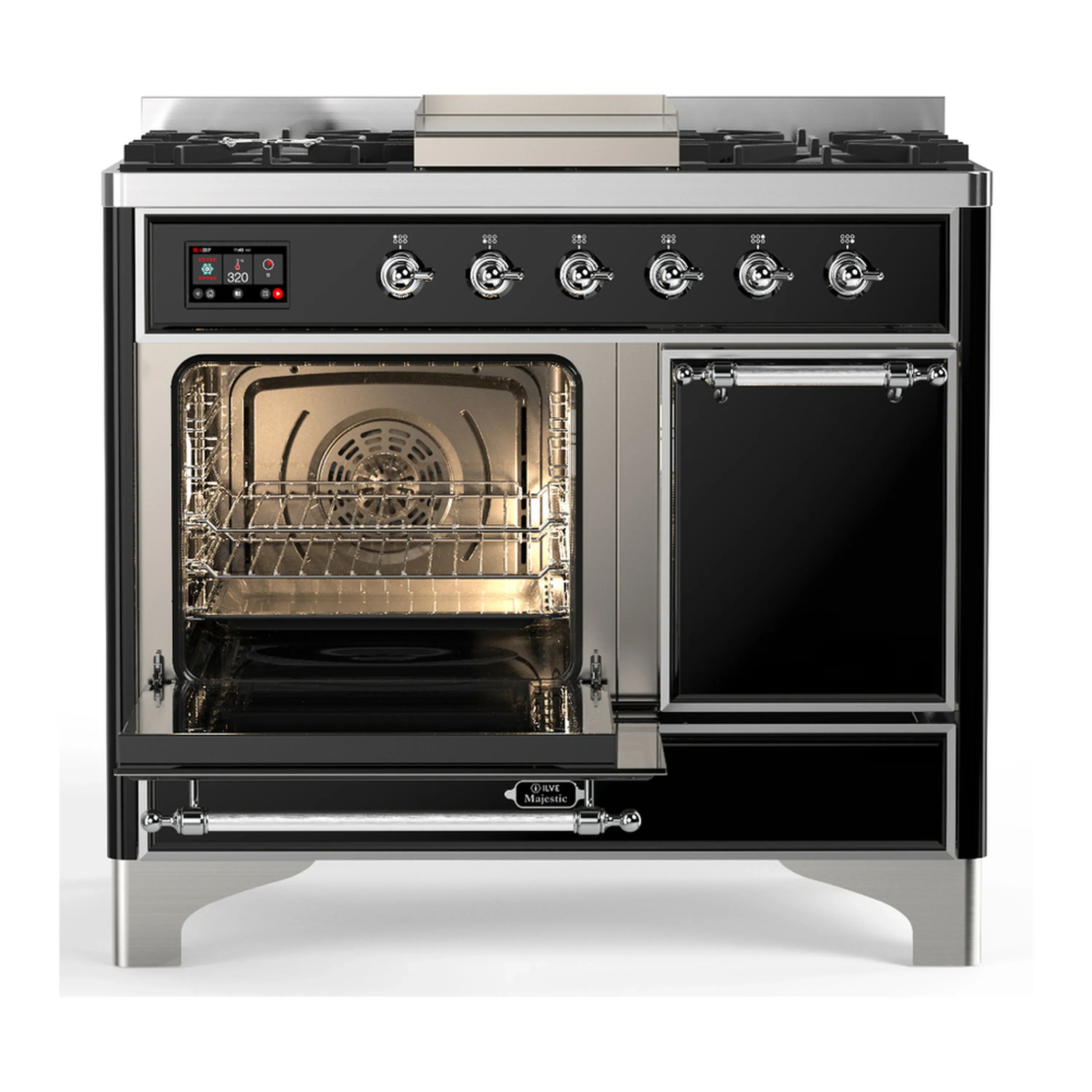 ILVE Majestic III 40-inch Dual Fuel Range with 5 Liquid Propane Burner, Griddle and Solid Door Electric Oven in Glossy Black with Chrome Trim (UMD40FQNR3BKCLP) - Image 5
