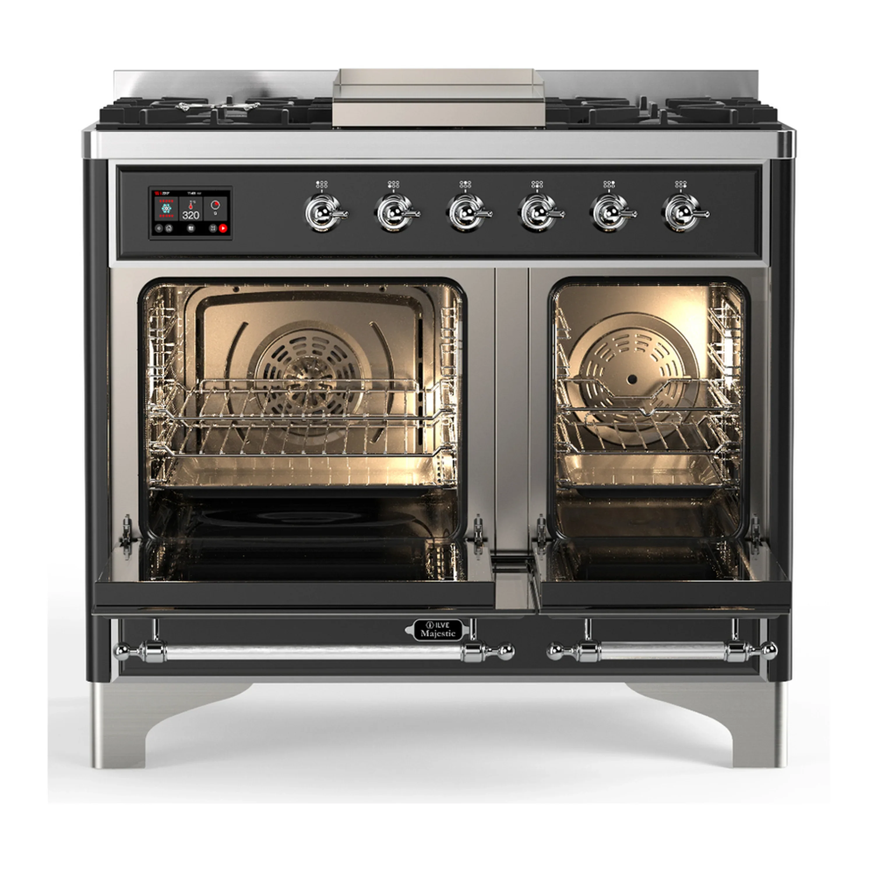 ILVE Majestic III 40-inch Dual Fuel Range with 5 Liquid Propane Burner, Griddle and Solid Door Electric Oven in Glossy Black with Chrome Trim (UMD40FQNR3BKCLP) - Image 6