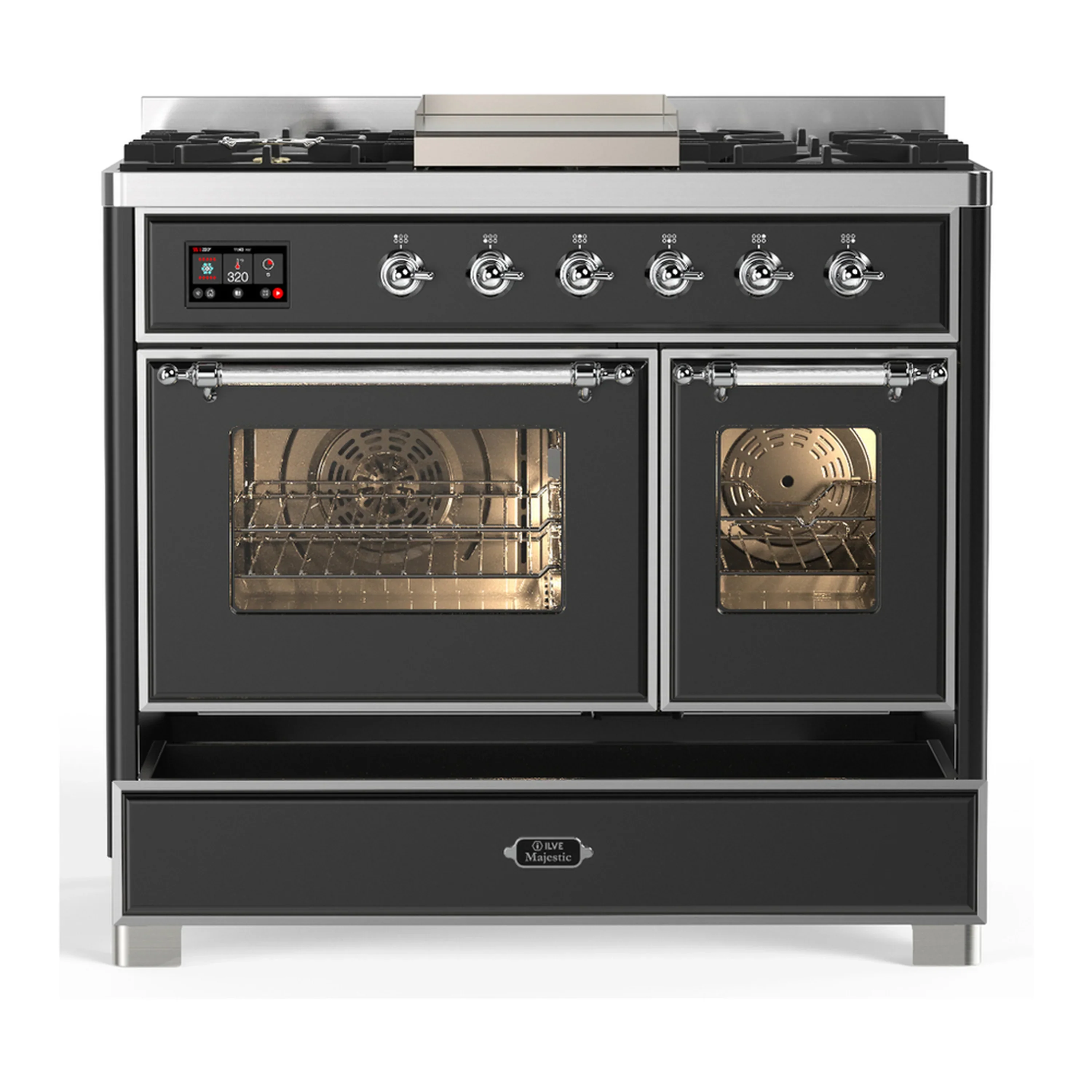 ILVE Majestic III 40-inch Dual Fuel Range with 6 Natural Gas Burner, Griddle and Triple Glass Door Electric Oven in Graphite Matte with Chrome Trim (UMD40FNR3MGC) - Image 3