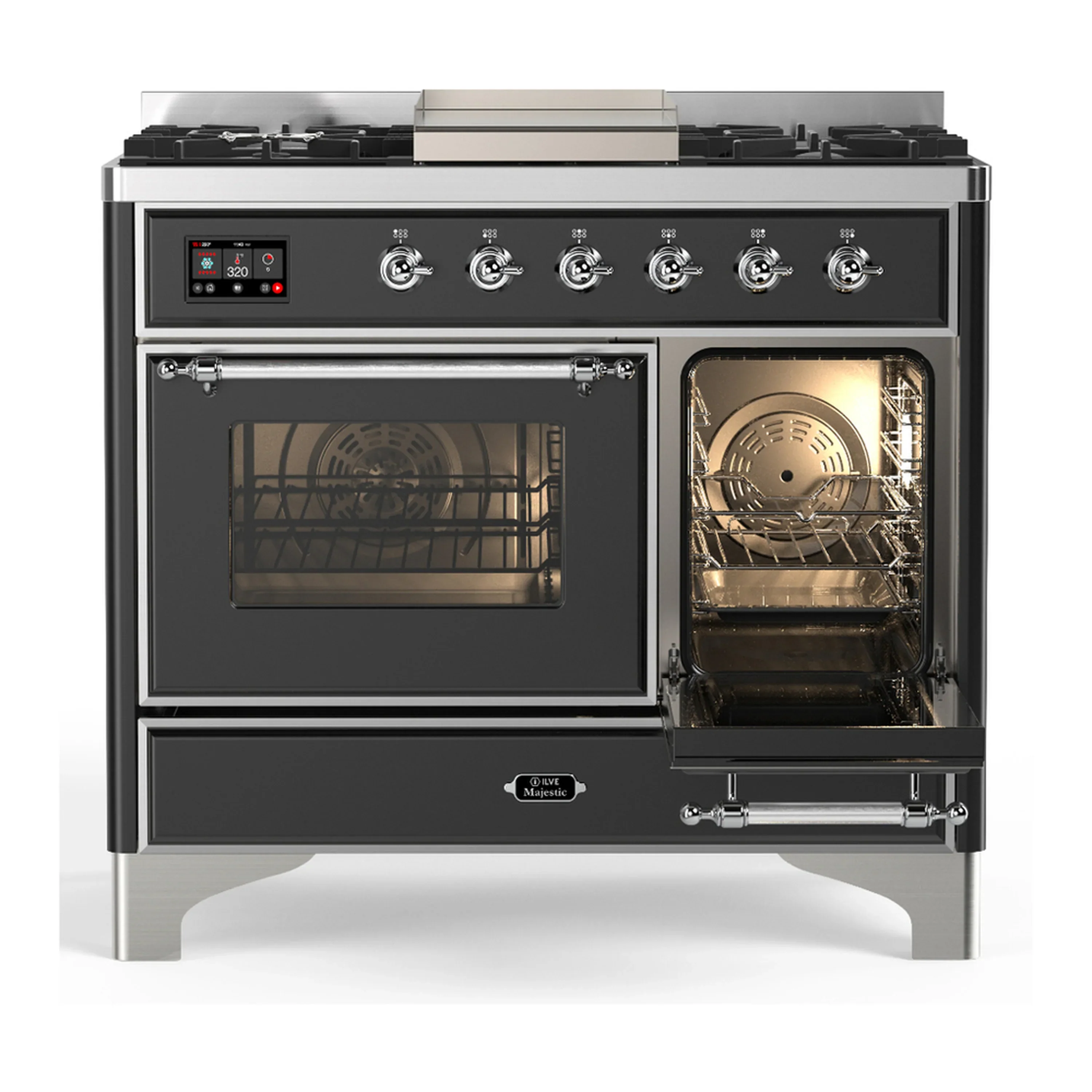 ILVE Majestic III 40-inch Dual Fuel Range with 6 Natural Gas Burner, Griddle and Triple Glass Door Electric Oven in Graphite Matte with Chrome Trim (UMD40FNR3MGC) - Image 4