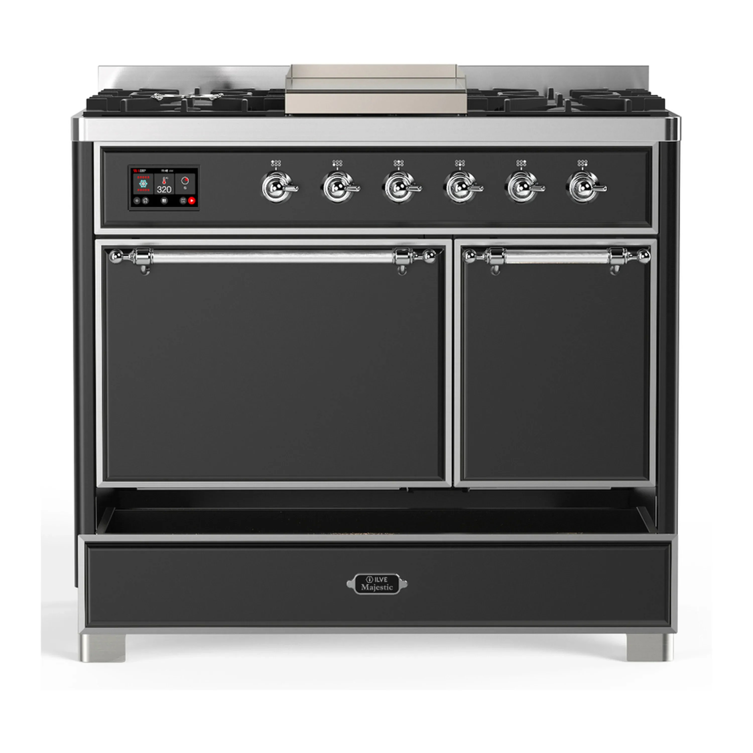 ILVE Majestic III 40-inch Dual Fuel Range with 6 Natural Gas Burner, Griddle and Solid Door Electric Oven in Graphite Matte with Chrome Trim (UMD40FQNR3MGC) - Image 3