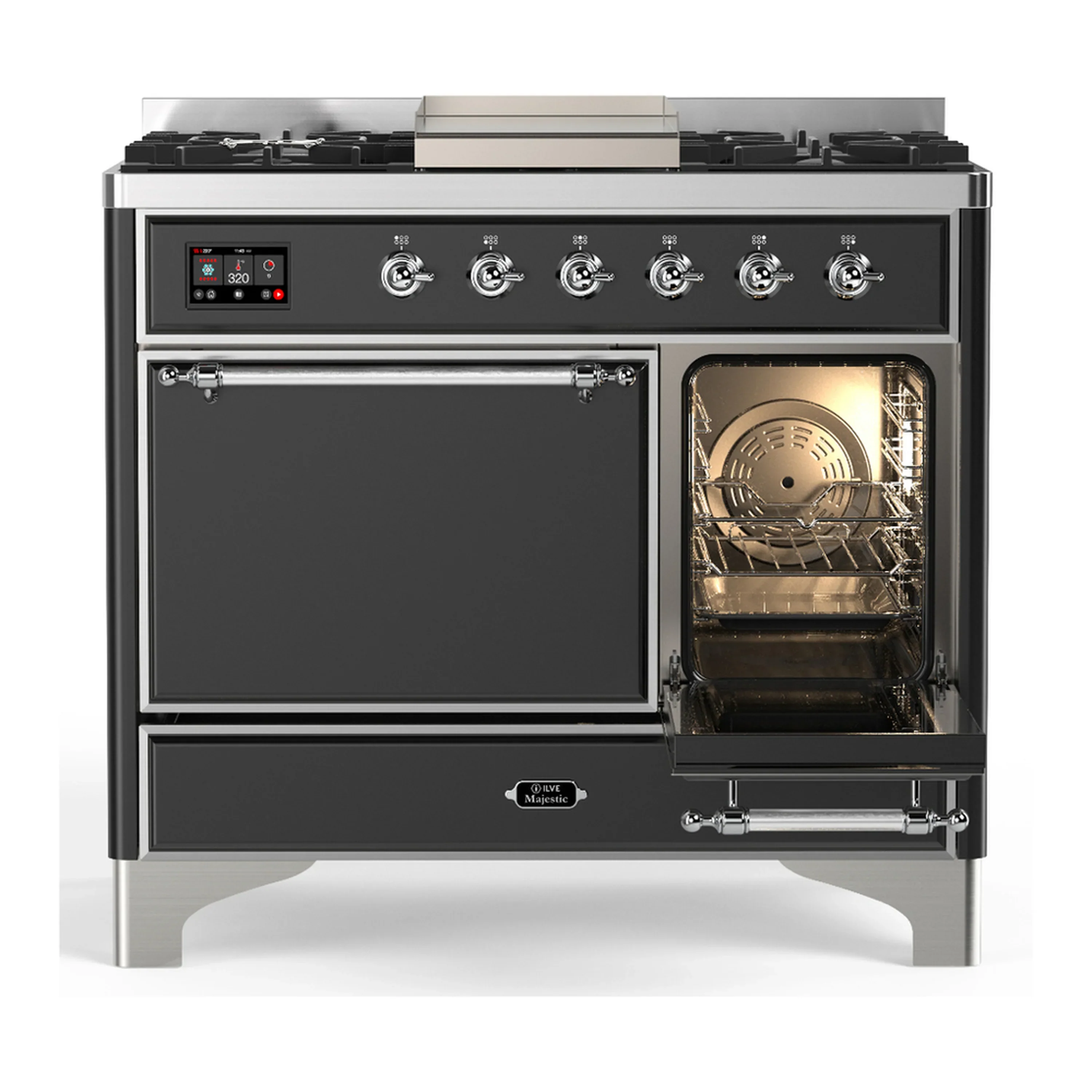 ILVE Majestic III 40-inch Dual Fuel Range with 6 Natural Gas Burner, Griddle and Solid Door Electric Oven in Graphite Matte with Chrome Trim (UMD40FQNR3MGC) - Image 4