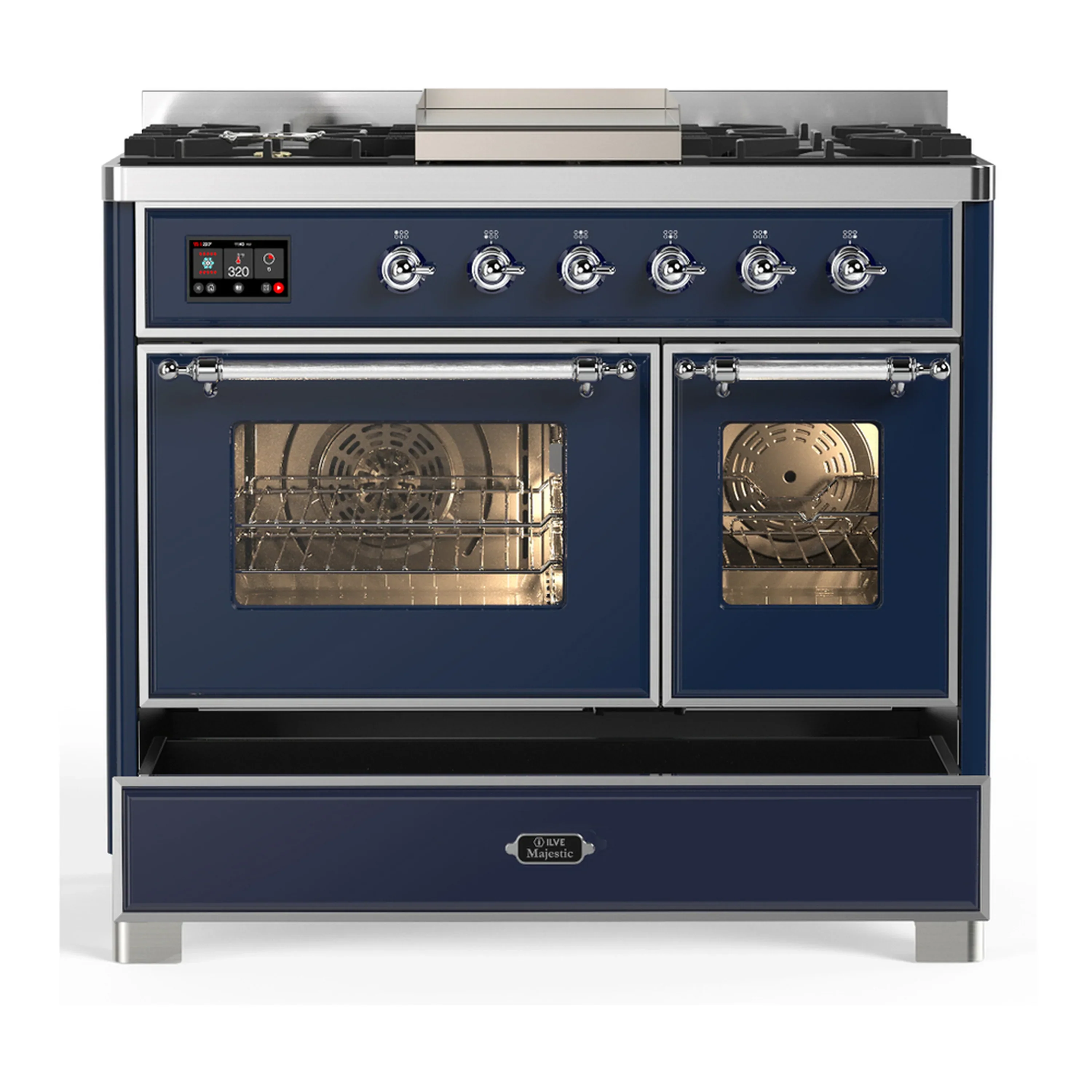ILVE Majestic III 40-inch Dual Fuel Range with 6 Natural Gas Burner, Griddle and Triple Glass Door Electric Oven in Midnight Blue with Chrome Trim (UMD40FNR3MBC) - Image 3